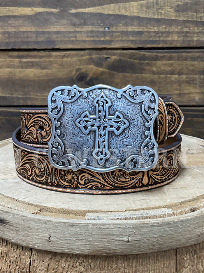 Nocona Women's Embossed Cross Leather Belt - Natural Brown Western Style Belt for Cowgirl Fashion & Everyday Wear