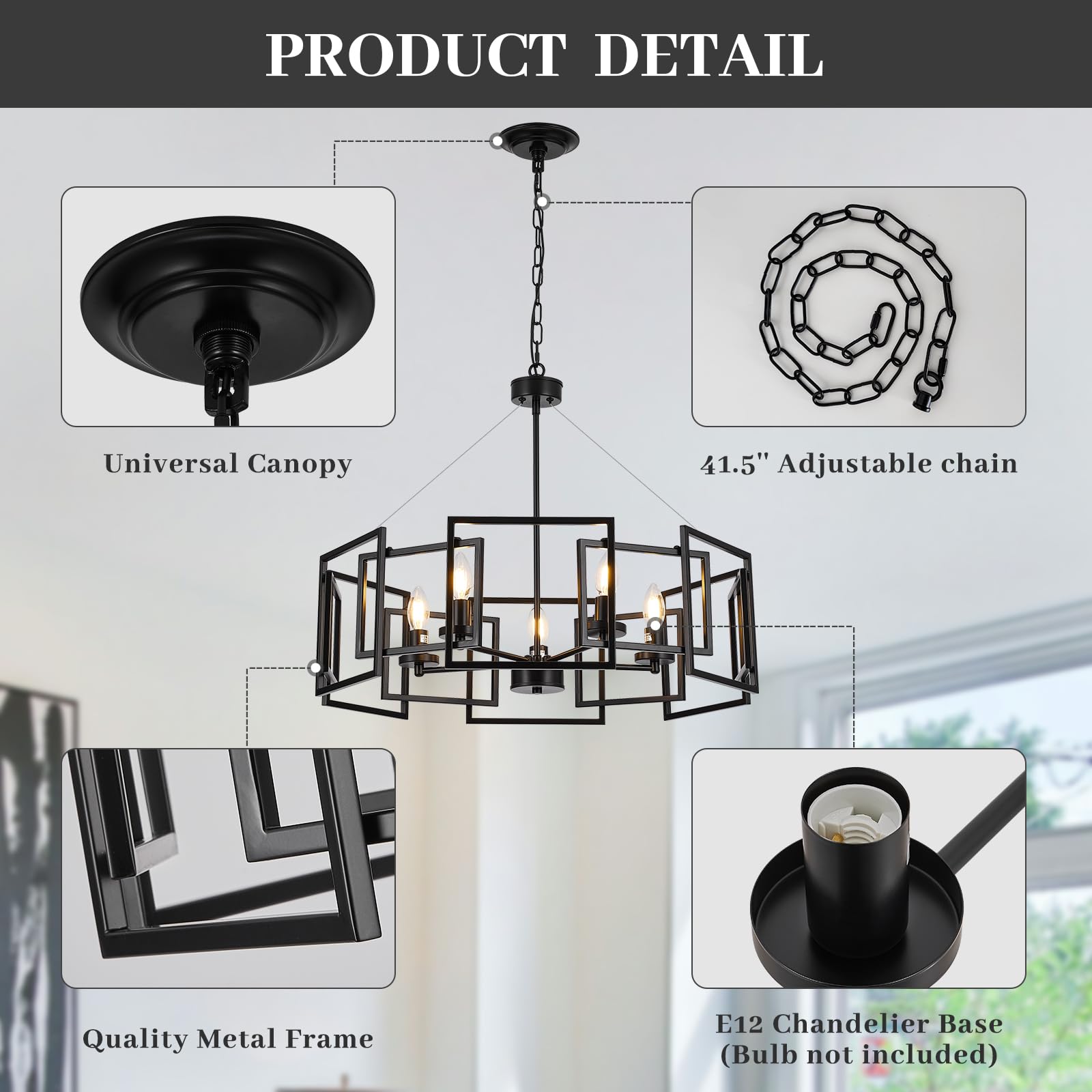 5-Light Black Geometric Chandelier - Adjustable Height Modern Industrial Pendant Light for Dining Room, Kitchen Island, Living Room, Bedroom & Entryway - Farmhouse Style Ceiling Fixture (Bulbs Not Included) - Perfect for Home Decor, Restaurant Lighting and Office Spaces