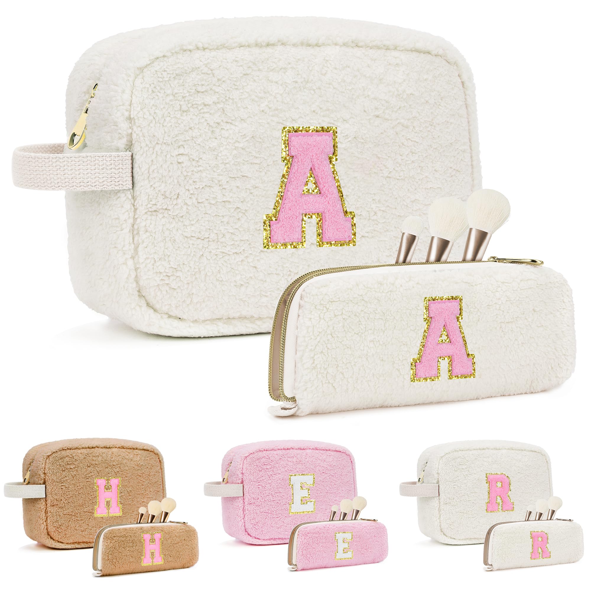 Personalized Monogrammed Makeup Bag for Women & Teens - Cute Travel Cosmetic Pouch for Girlfriend, Sister, Daughter - Trendy Preppy Toiletry Bag Gift (White) - Perfect for Travel, School & Daily Essentials Organization
