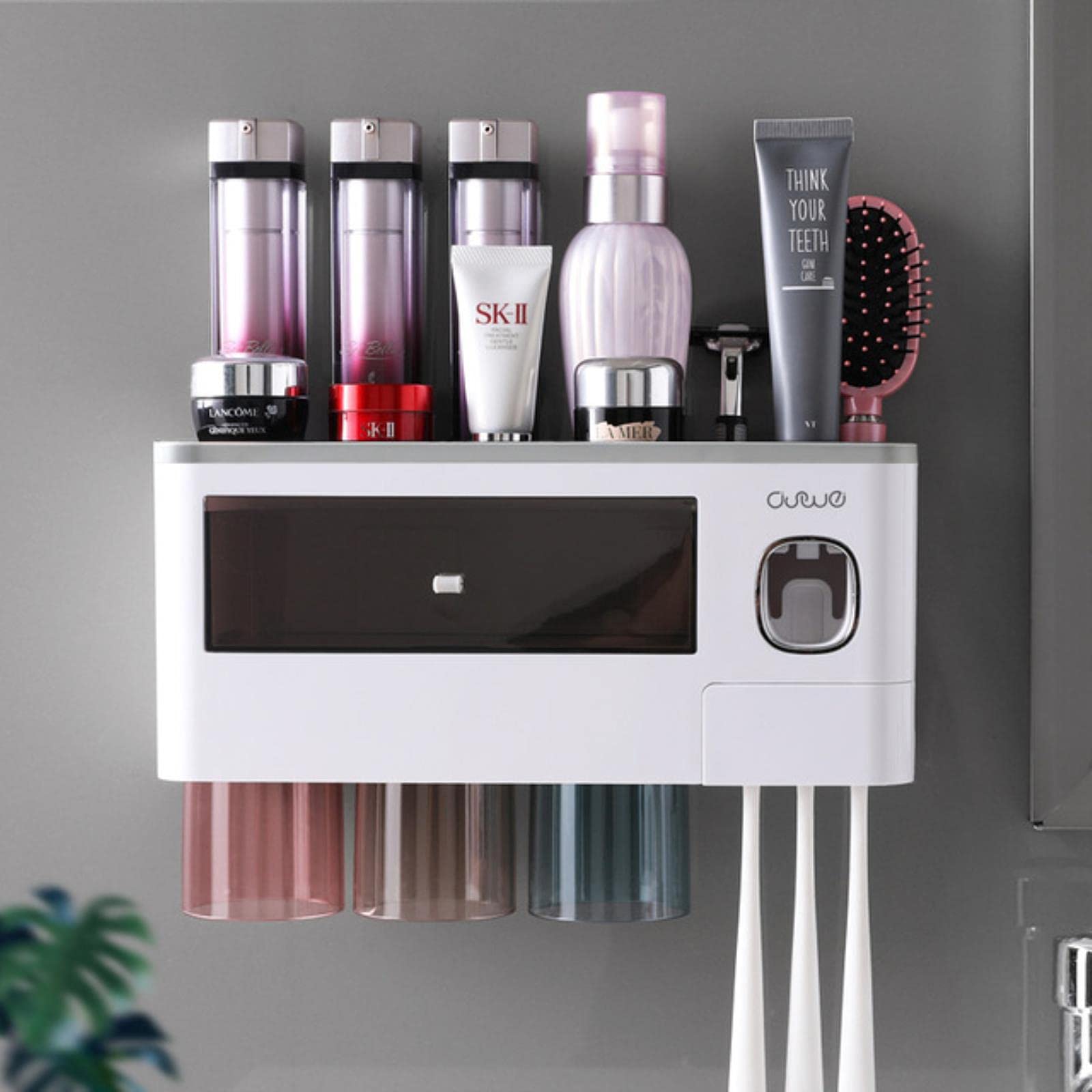 Magnetic Toothbrush Holder with Automatic Toothpaste Squeezer - Wall Mounted Bathroom Organizer Set (3 Cups, Gray) for Toothbrush & Toothpaste Storage - Perfect for Small Bathrooms, Apartments, and RVs