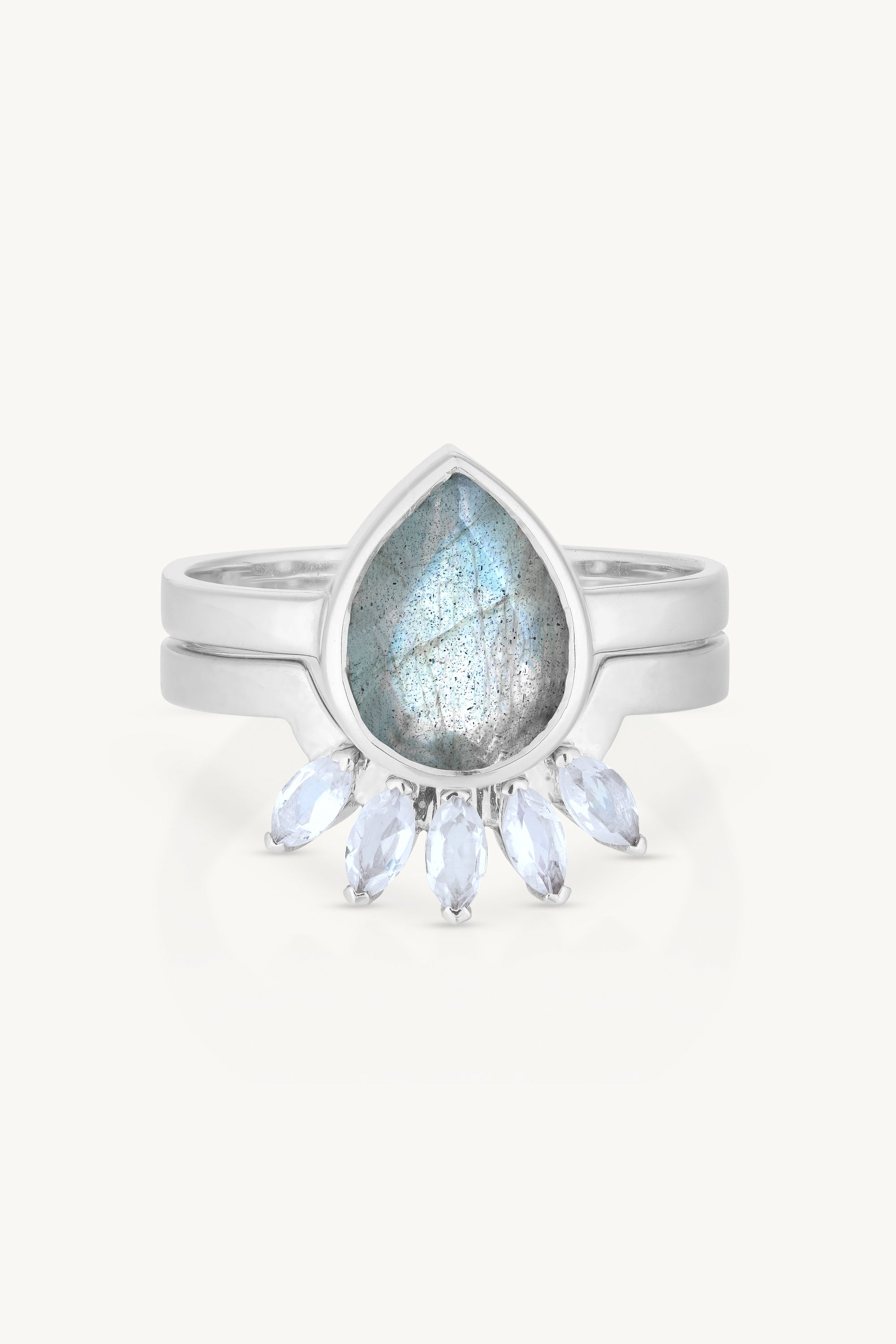 9K White Gold Labradorite Tear Drop Ring for Women - Elegant Gemstone Jewelry for Everyday Wear & Special Occasions
