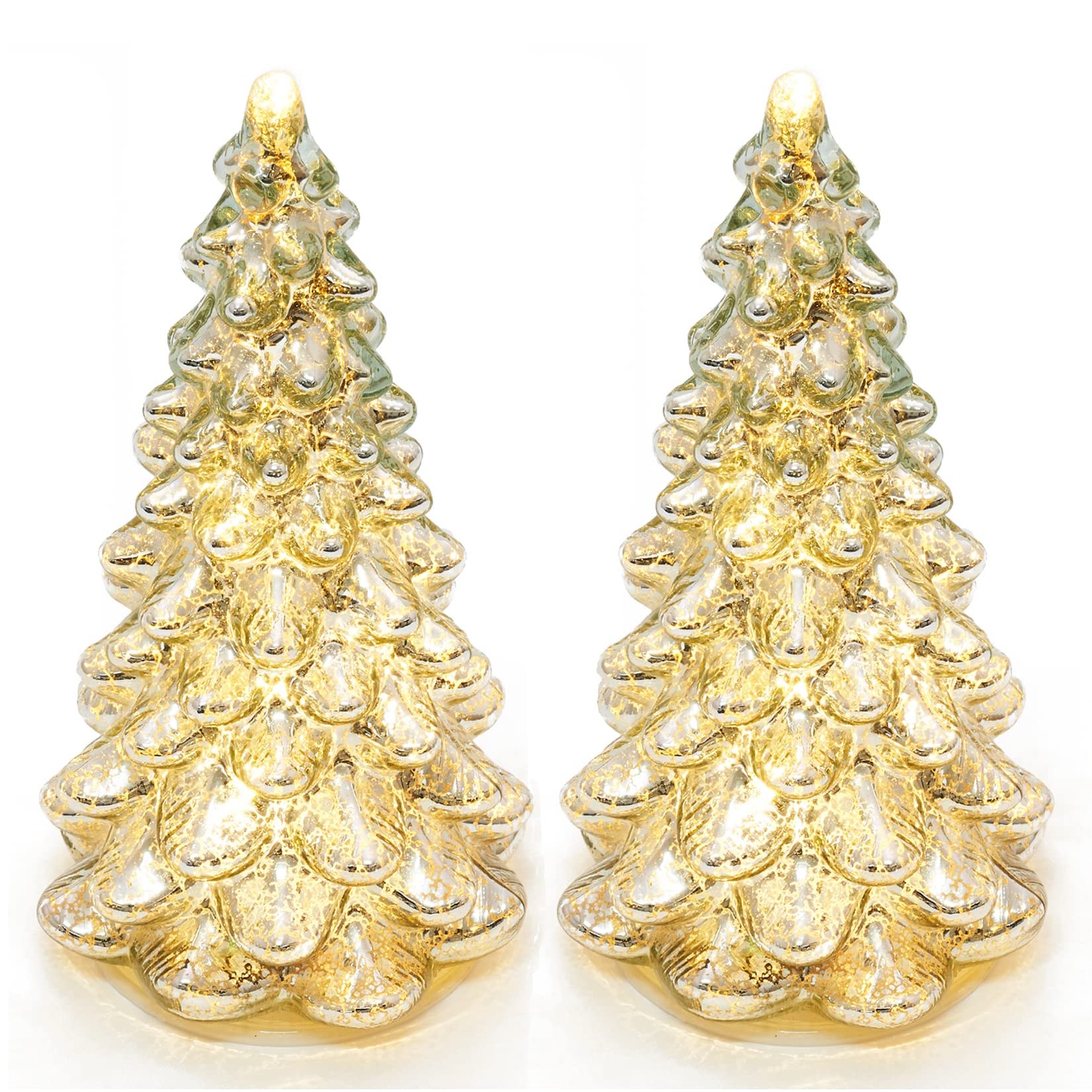 Mercury Glass Tabletop Christmas Tree - Small Silver Xmas Tree with Timer & Lights for Table Centerpiece, Mantel, Window Decor | Holiday Home Decor