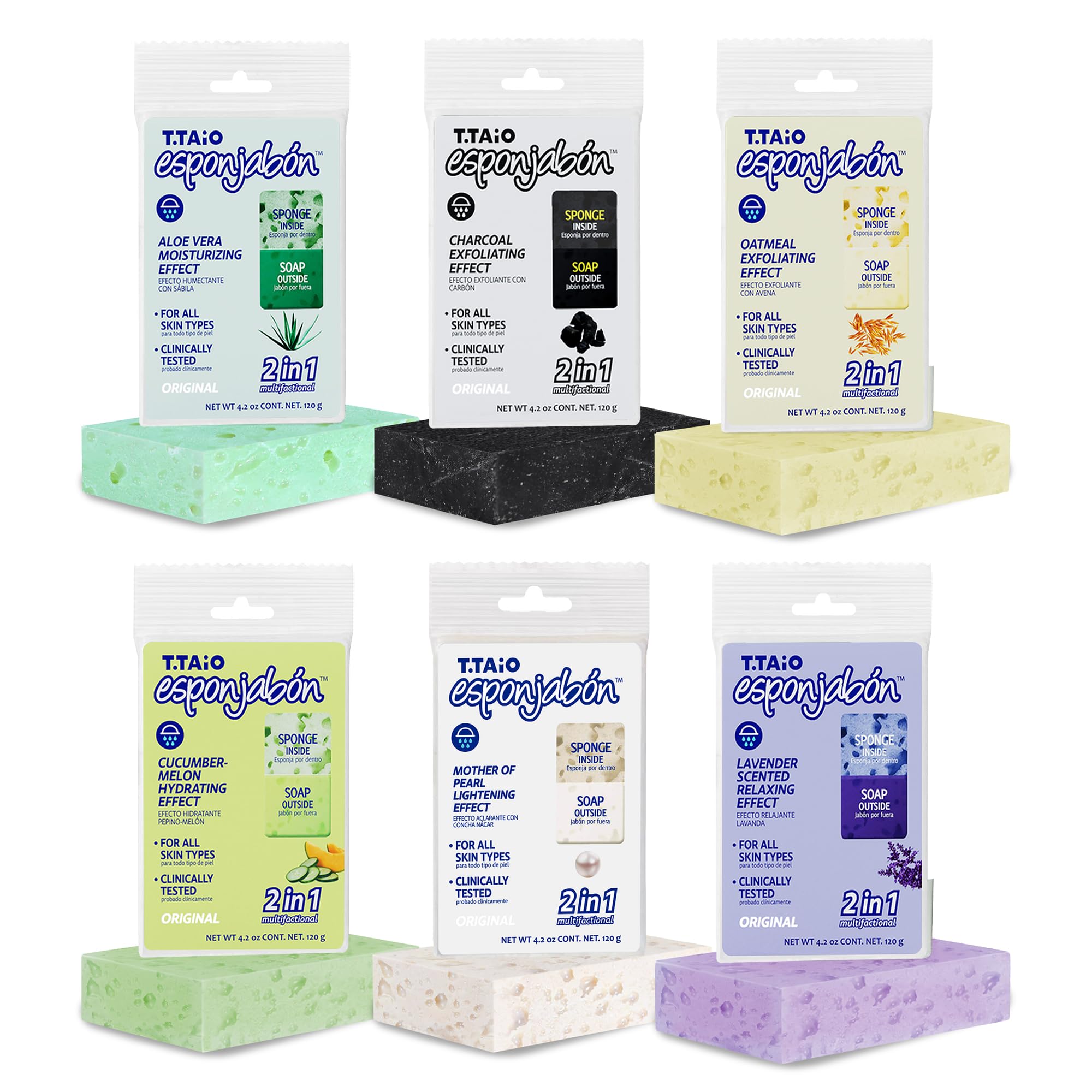 T.Taio Exfoliating Soap Sponge Variety Pack - 6 Pack with Mother of Pearl, Aloe Vera, Lavender, Charcoal, Cucumber-Melon & Oatmeal - Body Scrubber for Shower, Bath & Facial Cleansing - Perfect Bathroom Accessories for Spa-Like Experience at Home