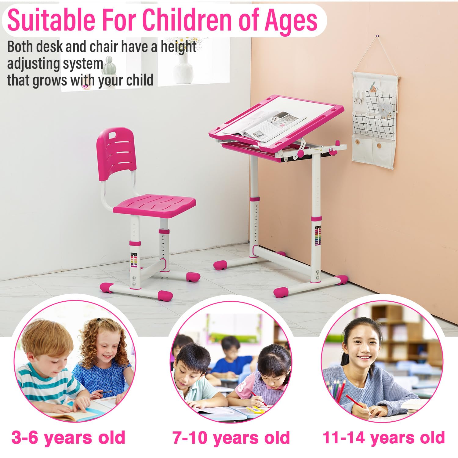Adjustable Kids Desk and Chair Set - Ergonomic Children's Study Table with Storage Drawer, Tilt Desktop & Metal Hook - Multi-Functional Learning Desk for School & Homework (Pink) - Perfect for Homeschooling, Online Classes & Bedroom Study Space