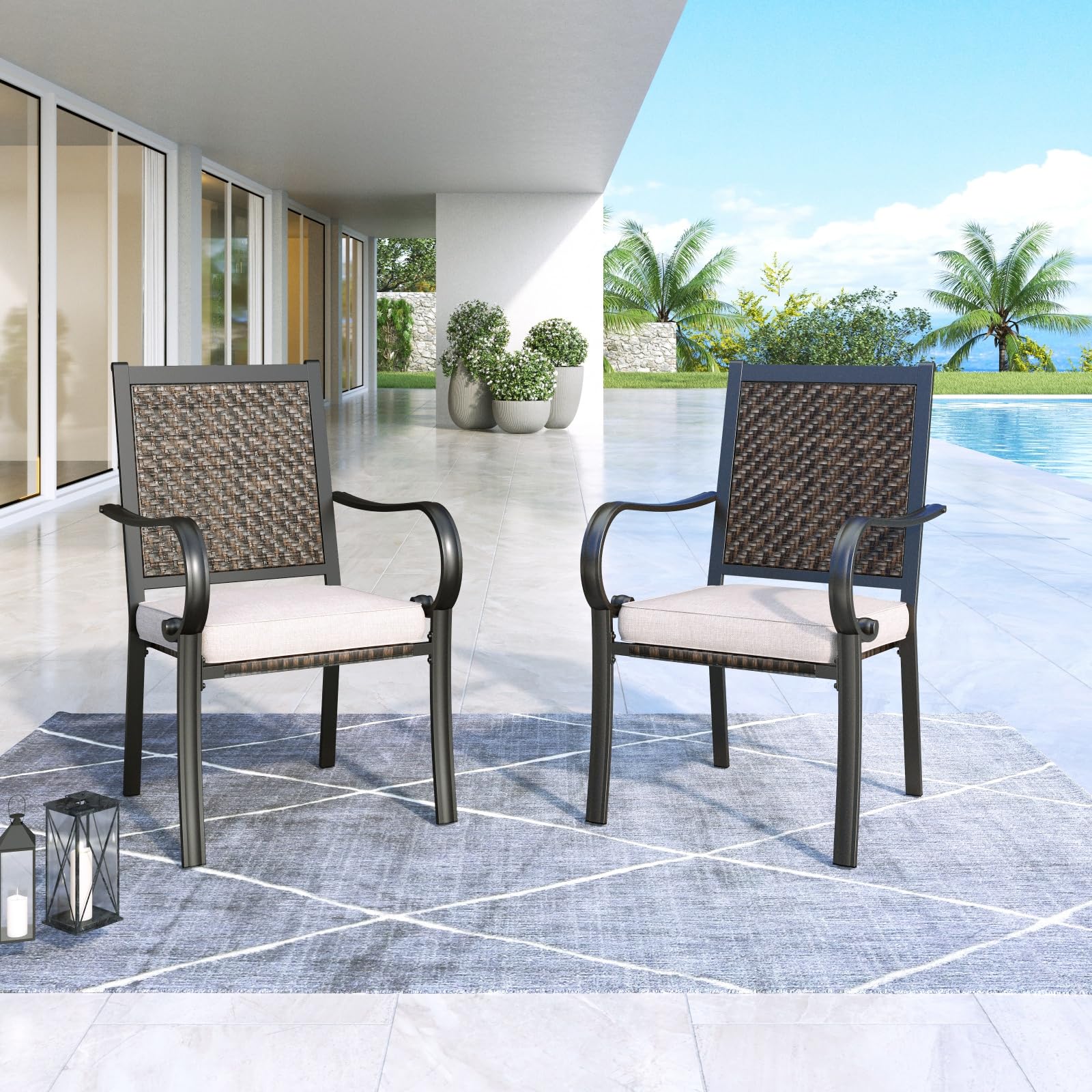 MFSTUDIO 2-Piece Patio Chair Set - All-Weather Wicker Outdoor Dining Chairs with Beige Cushions & Metal Frame, 350lb Weight Capacity, Brown - Perfect for Backyard, Garden, Poolside & Patio Relaxation