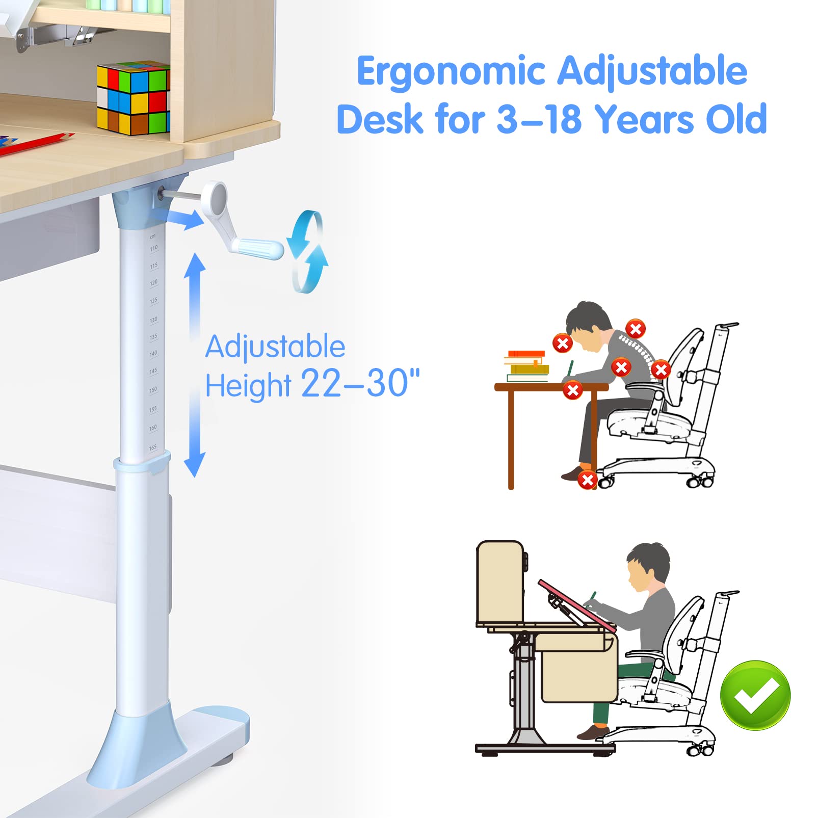 Adjustable Height Kids Study Desk with Chair - Blue Wooden Drafting Table, Computer Workstation & Built-in Bookshelf Hutch - Multi-Functional Learning Furniture for Home, School & Office Use