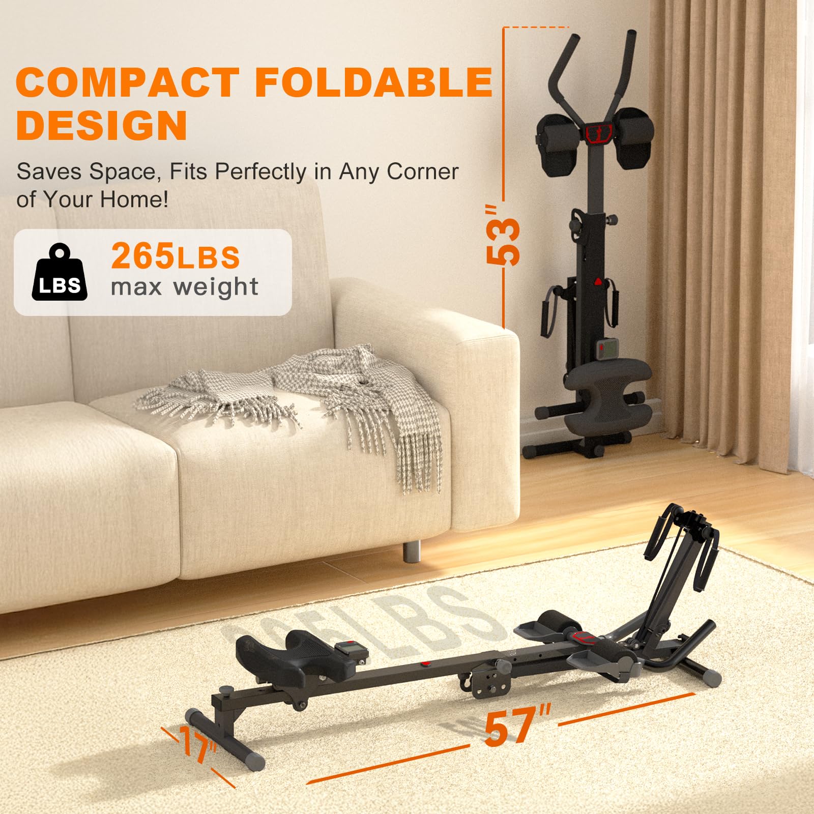 3-in-1 Home Gym System: Rowing Machine, Leg Press & Ab Glider for Full Body Workout - Adjustable Resistance Strength Trainer with LCD Display - Perfect for Home Fitness, Small Spaces & All-Level Core Training