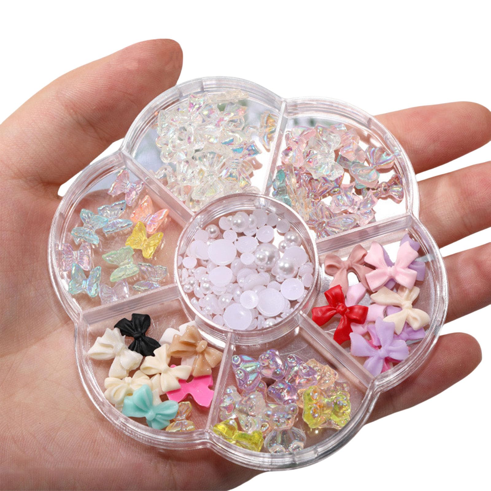 Aurora Nail Bow Charms - 1 Box 7 Grids Mixed 3D Nail Art Decorations with Bowknot, Bear, Butterfly & Pearls for DIY Nail Design, Jewelry Making (Pattern C) | Perfect for Nail Salons, Home Manicures & Gift Giving