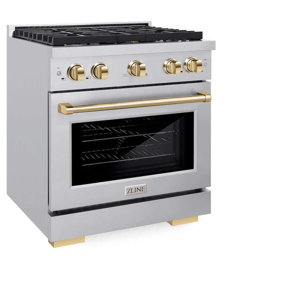 ZLINE Autograph Edition 30-inch 4.2 cu. ft. Dual Fuel Range - Stainless Steel Gas Cooktop with 4 Burners & Electric Convection Oven - Polished Gold Accents (SDRZ 30 G) - Perfect for Gourmet Kitchens & Modern Home Cooking
