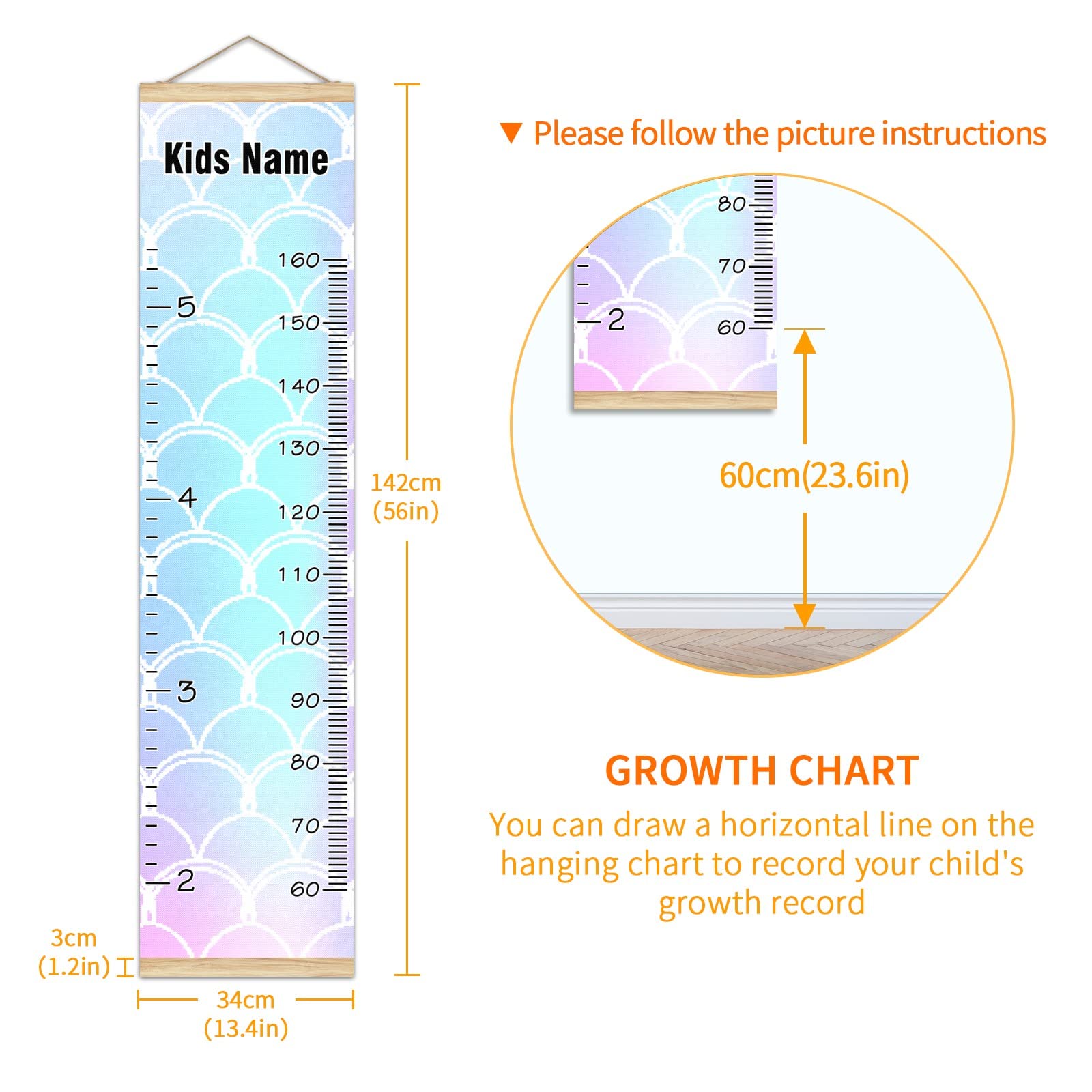 Personalized Kids Name Growth Chart Ruler - Wood Frame Wall Height Measure 13.4x56 inches - Linen Hanging Growth Tracker for Nursery & Kids Room Decor - Rainbow Mermaid Theme for Baby & Toddler Development Tracking
