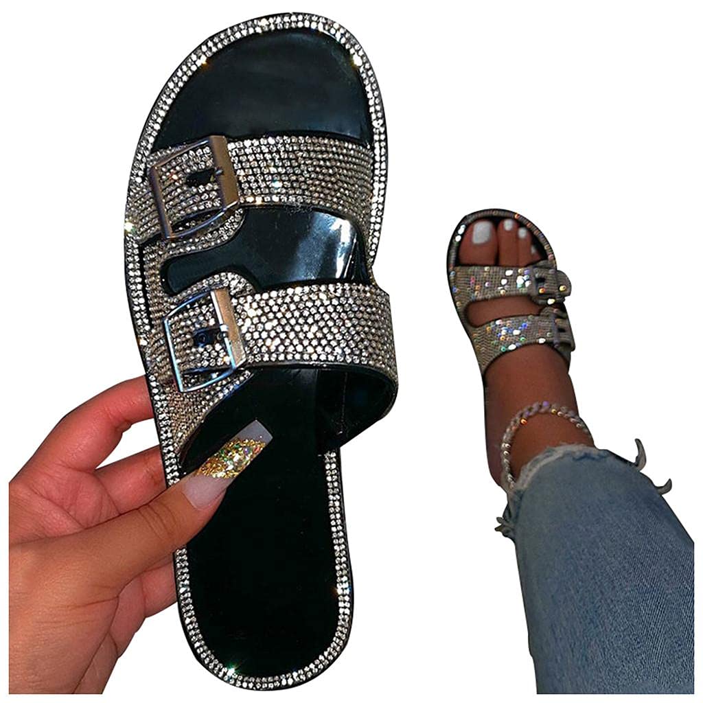 Sparkly Rhinestone Sandals for Women - Glitter Two-Strap Summer Sandals with Crystals | Comfortable Outdoor Slippers for Beach, Party & Casual Wear
