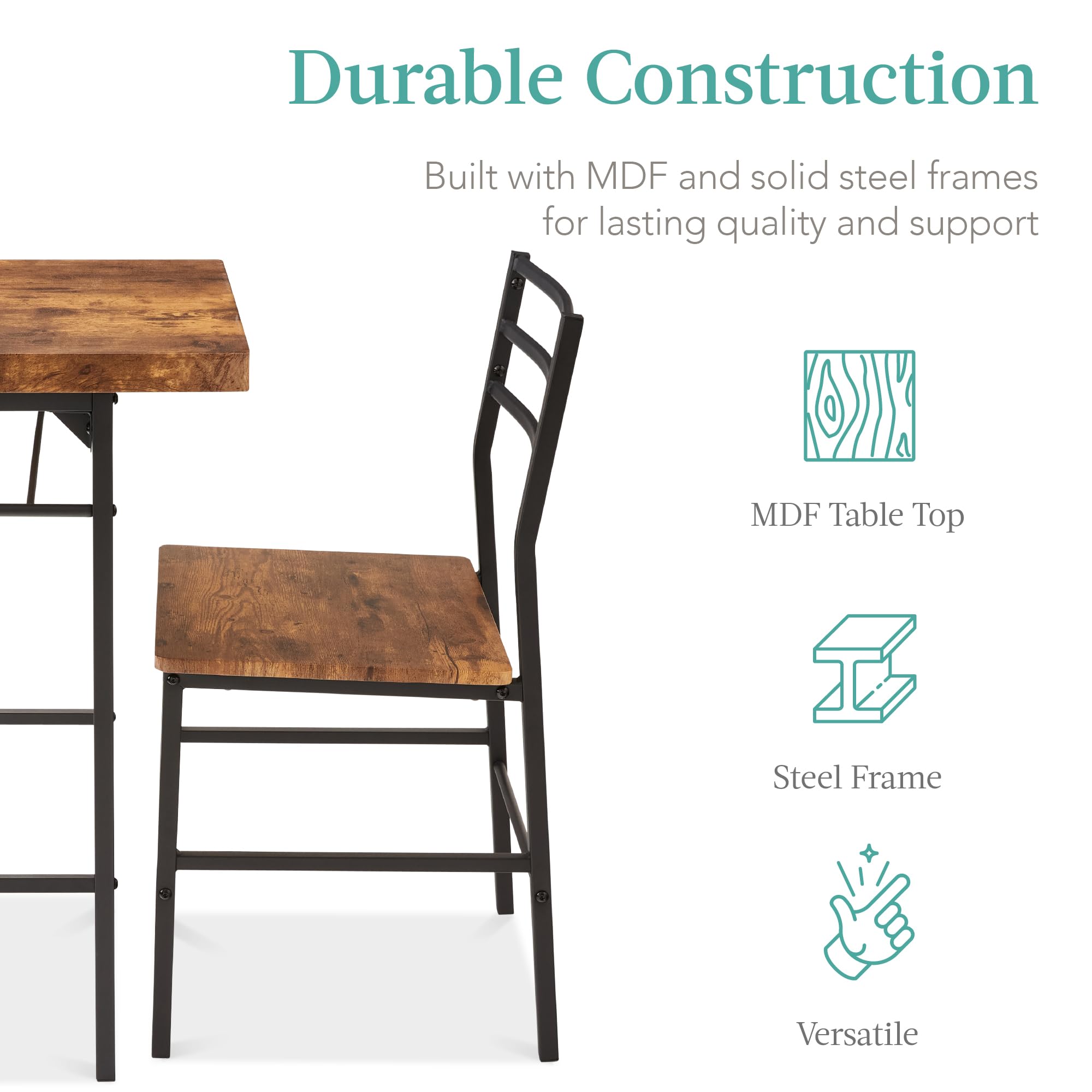 Best Choice Products 3-Piece Modern Dining Set with Steel Frame & Built-in Storage - Space Saving Kitchen Dinette for Small Apartments, Breakfast Nooks & Compact Dining Rooms (Brown) - Perfect for Studio Living, Tiny Homes & Cozy Dining Spaces