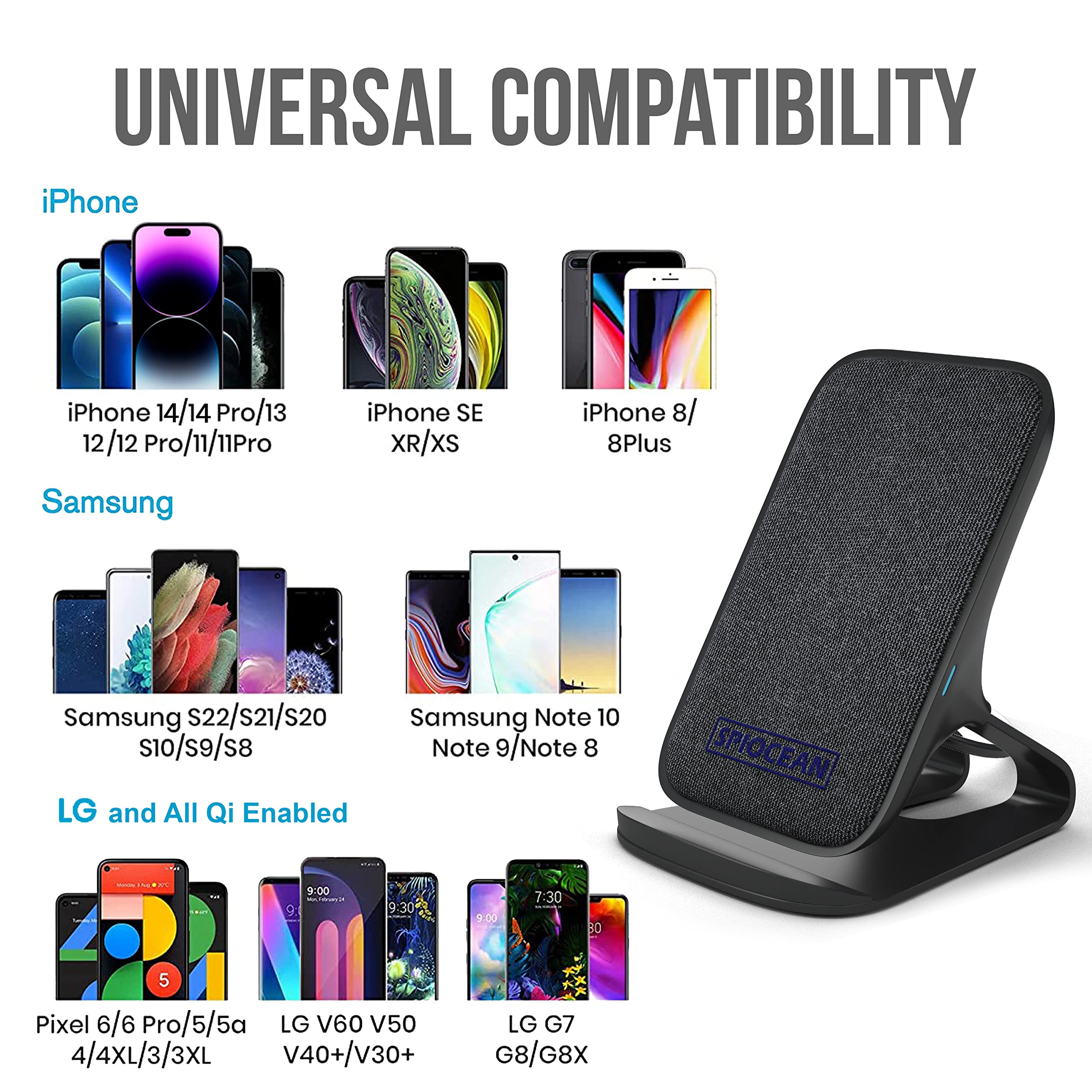 SPIOCEAN Fast Wireless Charger Stand - Qi-Certified 10W Max Charging Pad for iPhone 16/15/14/13/12/11 Pro Max/Mini/SE & Samsung Galaxy S22/S21/S20/S10/S9/Note 20 - Perfect for Bedside, Office & Car Charging (AC Adapter Not Included)
