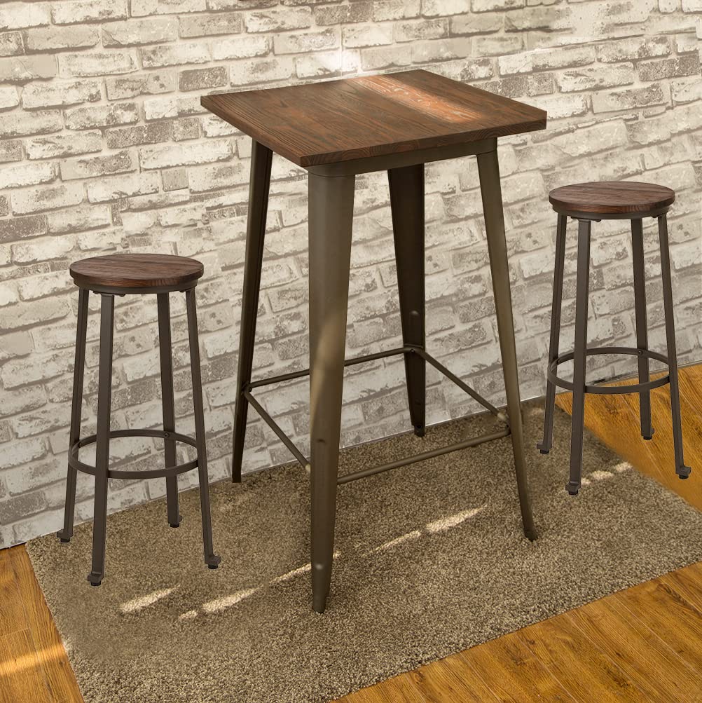 Glitzhome 3-Piece Pub Dining Set - Rustic Steel Square Bar Table with Solid Elm Wood Top & Matching Bar Stools for Breakfast Nook, Living Room, Small Space or Restaurant | Perfect for Kitchen Islands, Outdoor Patios & Bistro-Style Dining