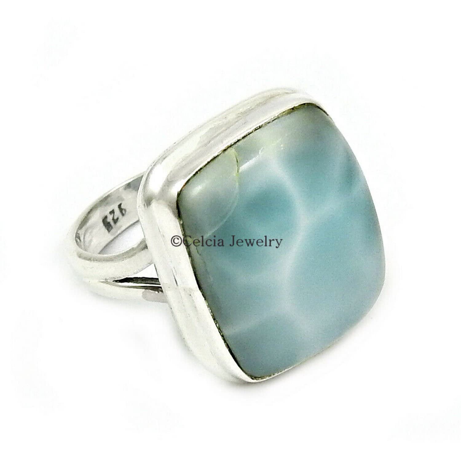 Natural Larimar Gemstone Solitaire Ring - 925 Sterling Silver Engagement Ring for Women, Promise Ring for Couples, Unique Wedding Gift for Bridesmaids & Groomsmen, Valentines Day & Graduation Gift - Perfect for Proposals, Anniversaries & Special Occasions (Larimar, Size 7)