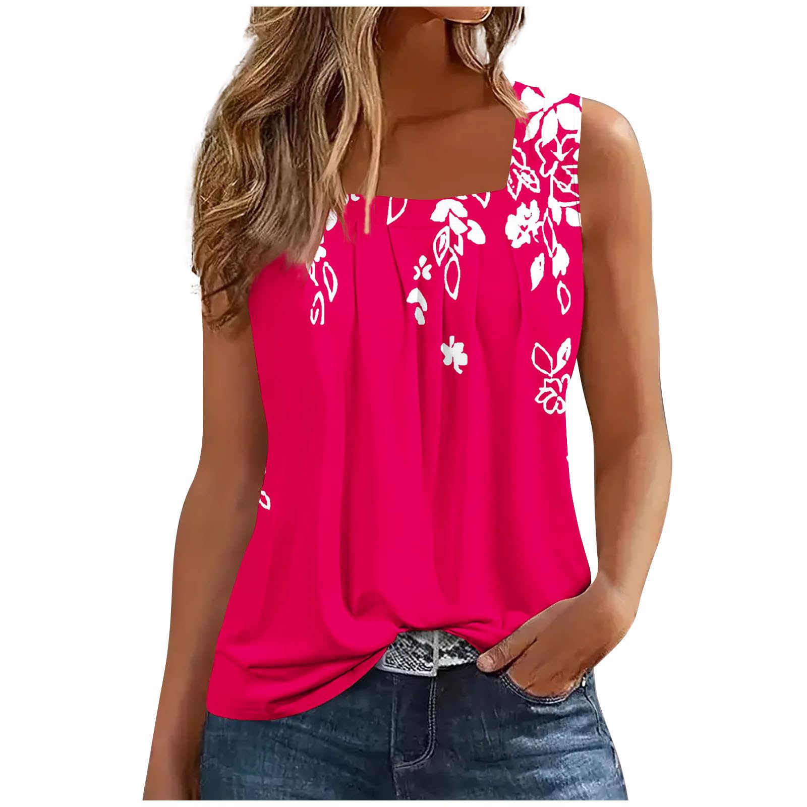 LEHOZIHEQ Women's Pleated Tank Tops - Square Neck Sleeveless Flowy Camisoles for Summer Outfits