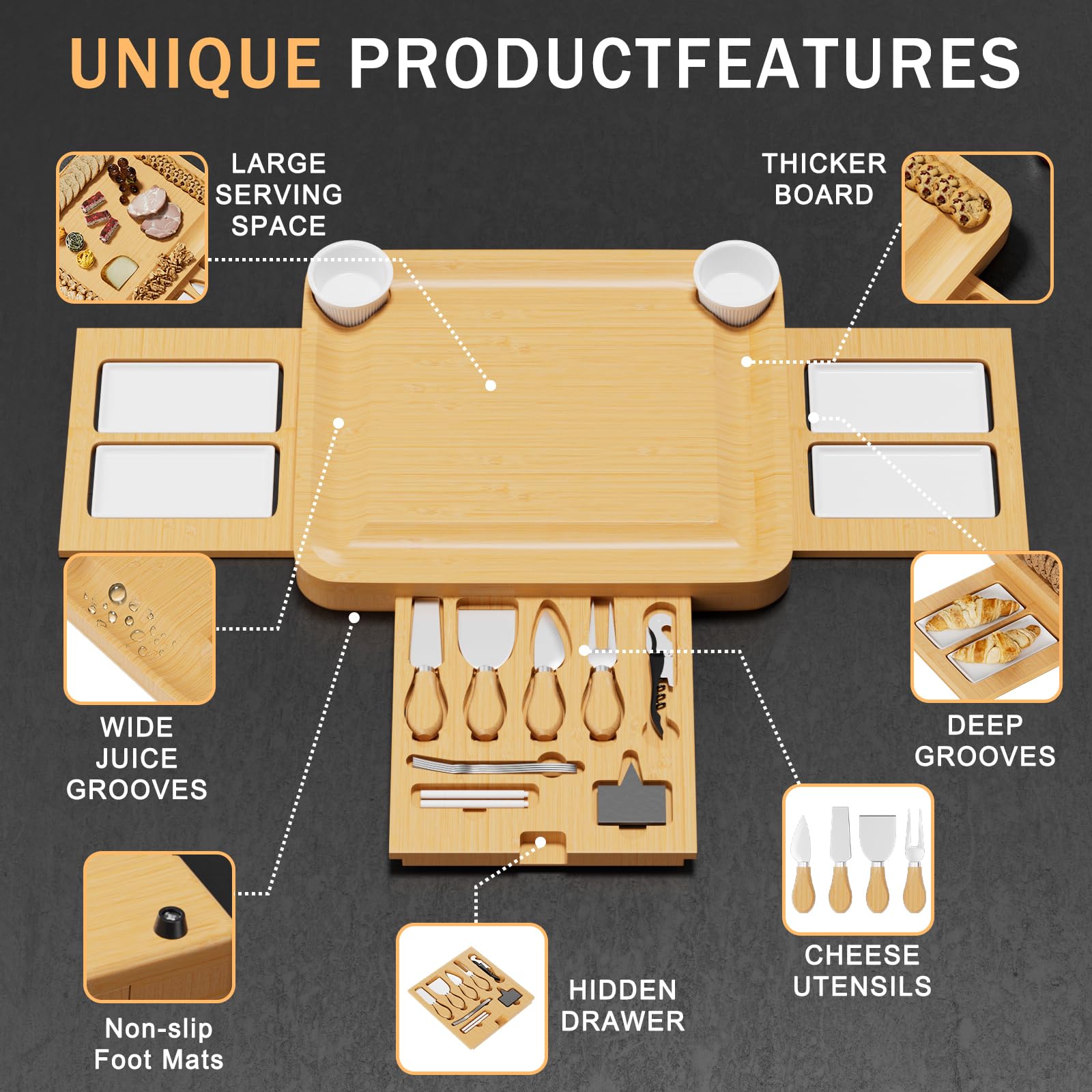Premium Bamboo Charcuterie Board Set with Cheese Knives - Elegant Wooden Serving Tray for Wine, Meat & Cheese - Perfect for Dinner Parties, Wine Tasting & Holiday Gifting