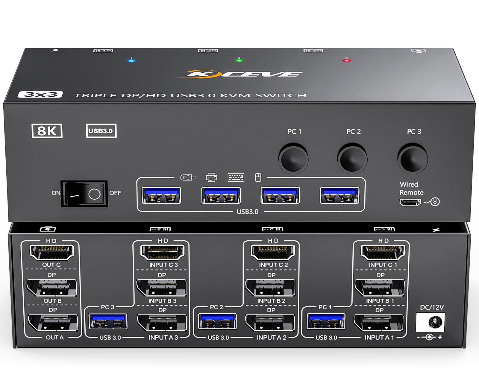 MLEEDA 8K@60Hz Triple Monitor KVM Switch - 3 Computers to 3 Monitors with HDMI & 2 DisplayPort, 4 USB 3.0 Ports for Keyboard/Mouse/Printer, Includes Wired Remote & Power Adapter - Perfect for Multi-Tasking, Gaming & Office Workstations
