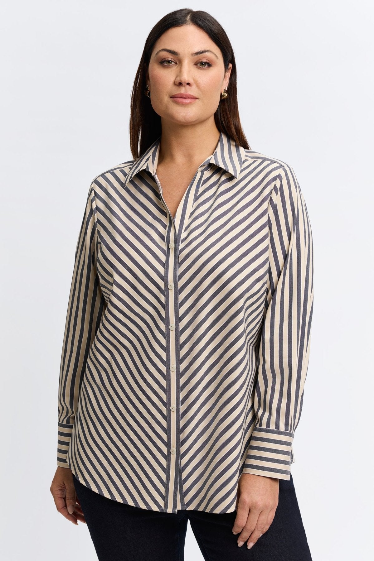 Mary Plus No Iron Stretch Stripe Long Sleeve Shirt for Women - Wrinkle-Free Comfort Fit Business Casual Blouse - Perfect for Office, Travel & Everyday Wear