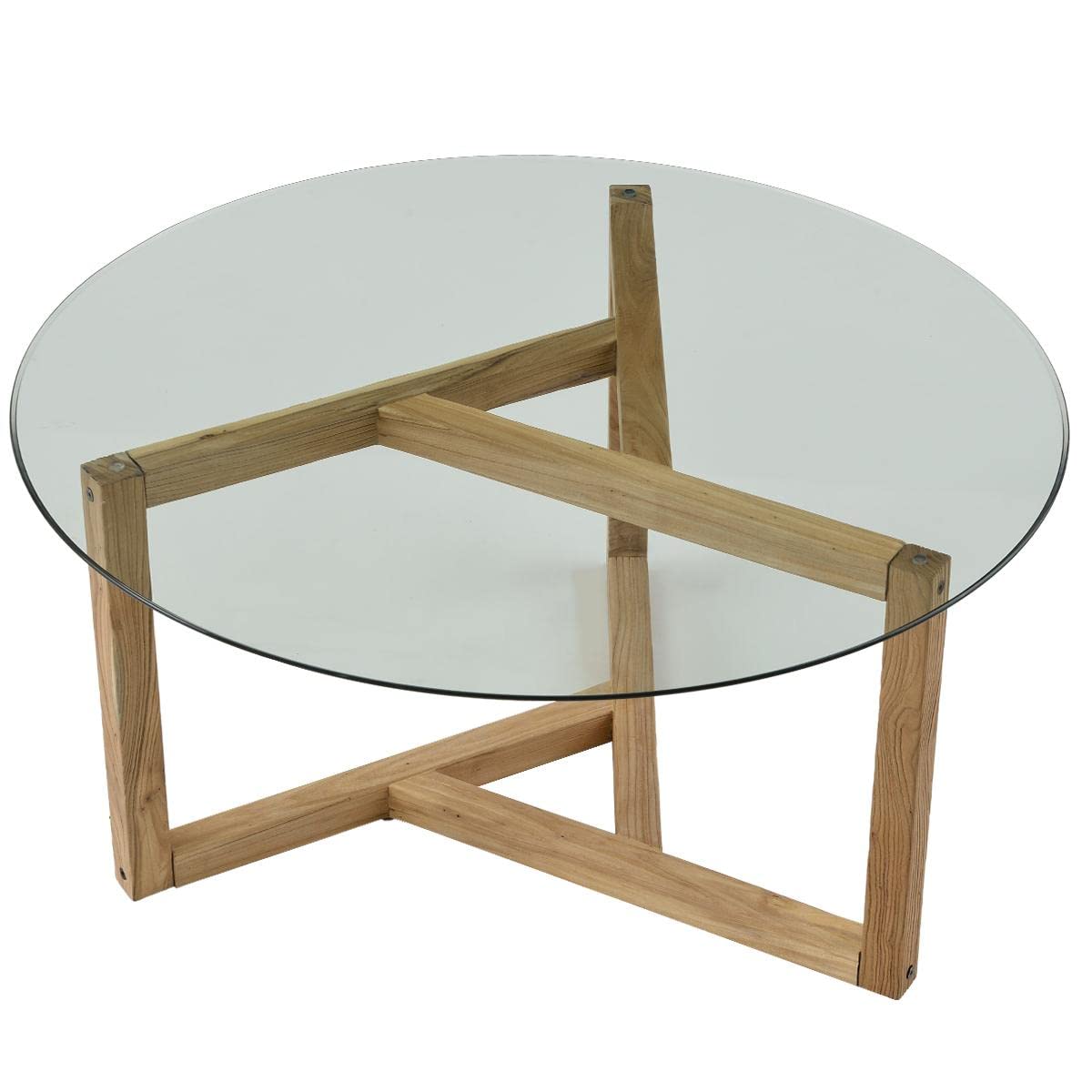 Modern Round Glass Coffee Table with Tempered Glass Top & Sturdy Oak Wood Base - Cocktail Table, Sofa Table for Living Room, Lounge, Office - Perfect for Entertaining Guests or Relaxing with Family