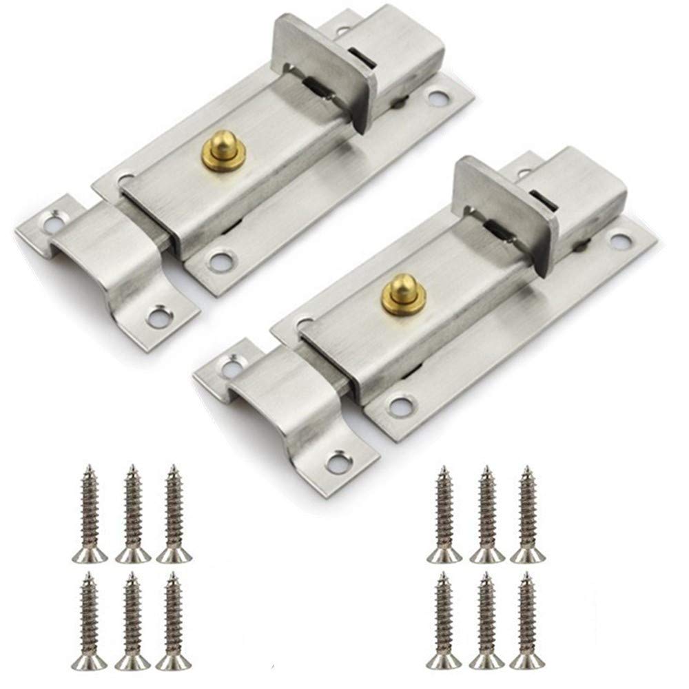 Stainless Steel Automatic Springback Door Bolts - 2 Pack Surface Mount Sliding Door Lock for Interior Doors | Secure Bedrooms, Bathrooms & Closets