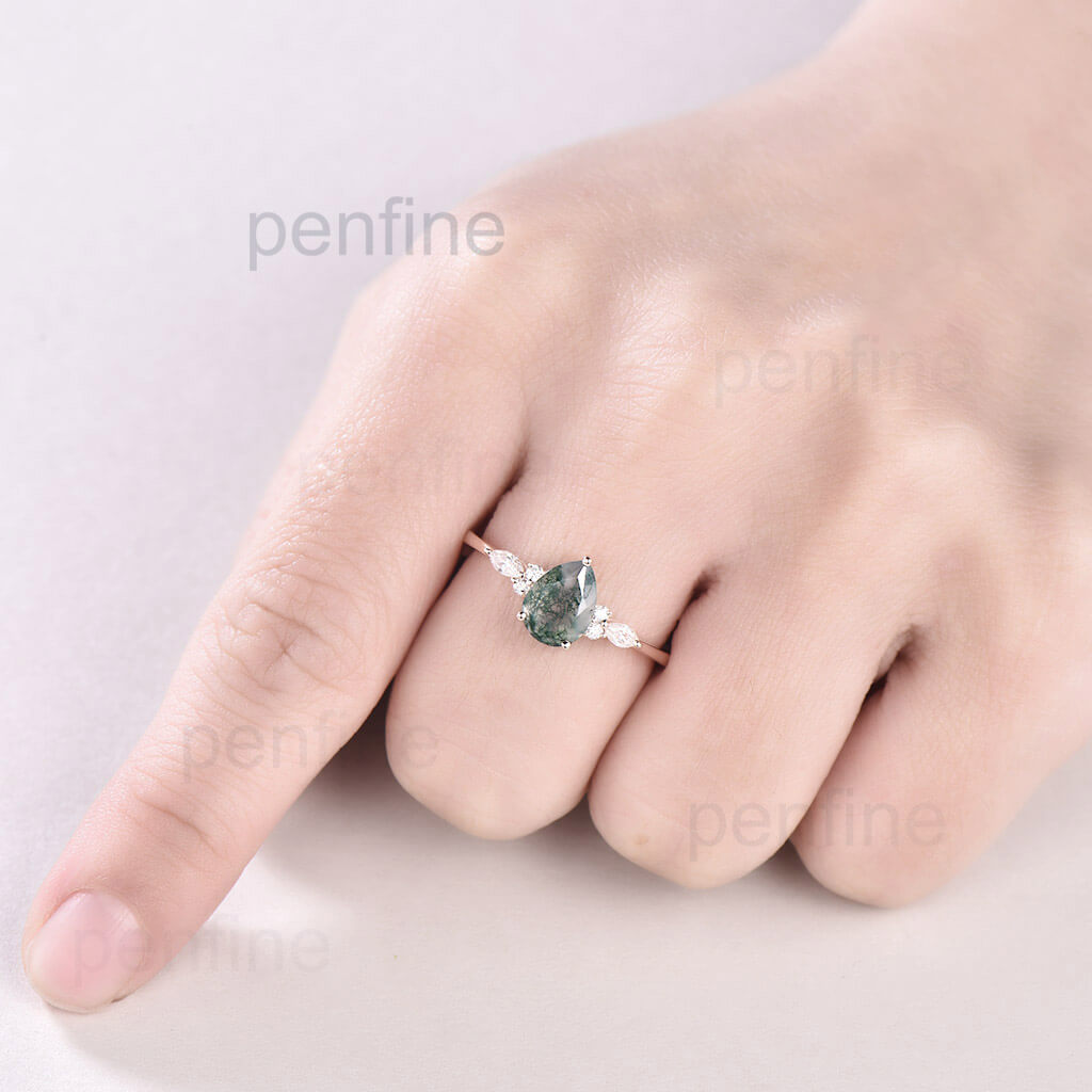 Exquisite Pear-Shaped Moss Agate Nadia Engagement Ring with Round Prong Setting - Perfect for Proposals, Weddings & Anniversary Gifts