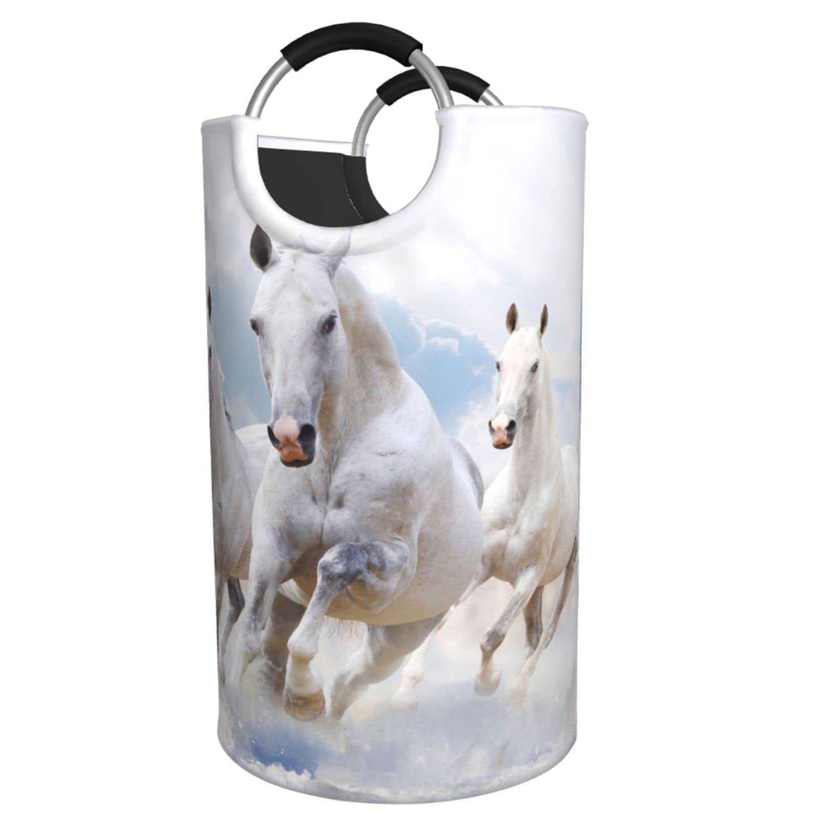 Collapsible Laundry Basket with Handles - Durable Clothes Hamper & Dirty Laundry Organizer - Animal Theme Running Horses Design (White) - Perfect for Bedroom, Bathroom & Dorm Storage