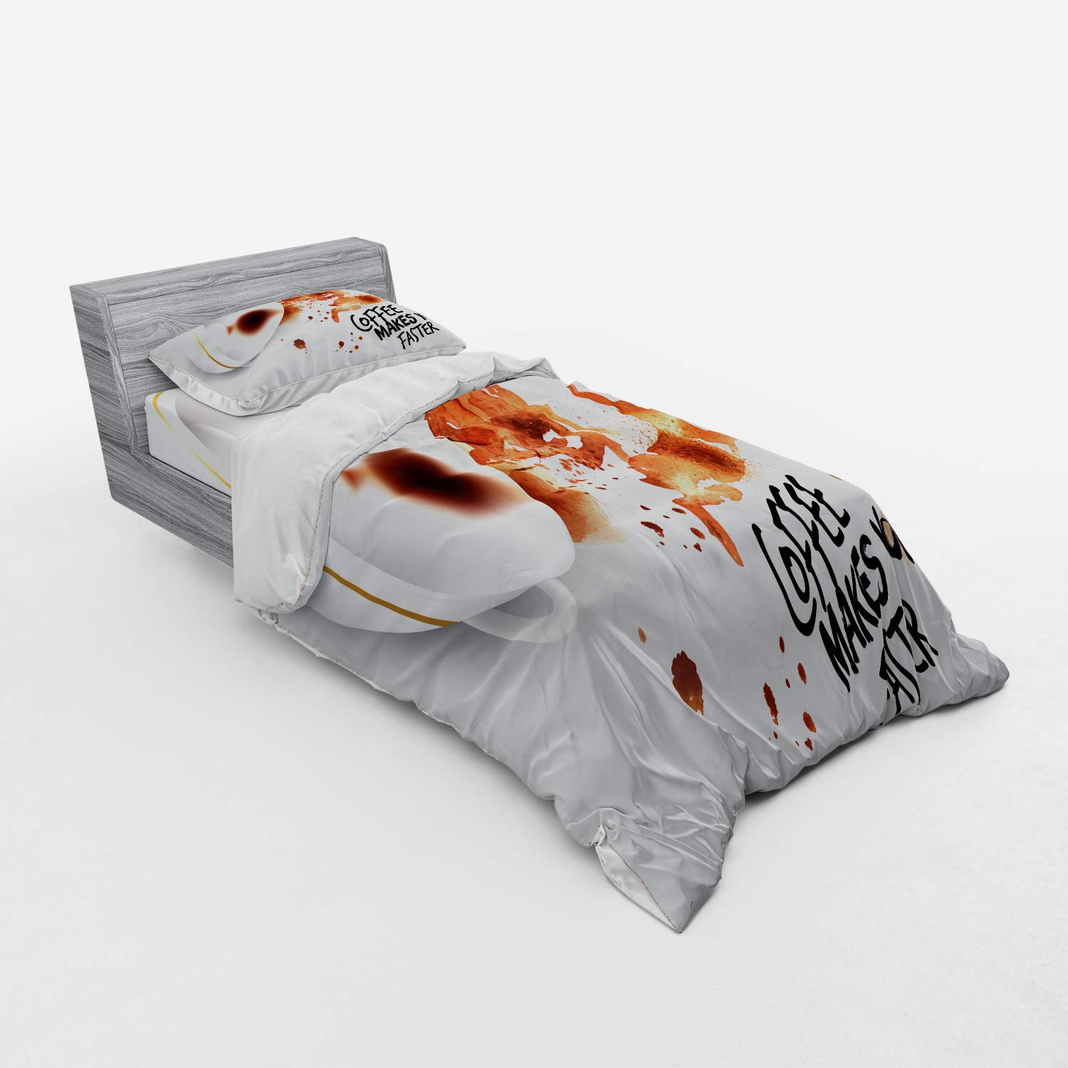 Ambesonne Coffee Art Duvet Cover Set - 3 Piece Bedding with Sham & Fitted Sheet, Twin Size, Burnt Sienna Black White - Inspired Coffee Lover Gift for Home Decor | Perfect for Bedroom, Dorm, Guest Room & Coffee Themed Spaces