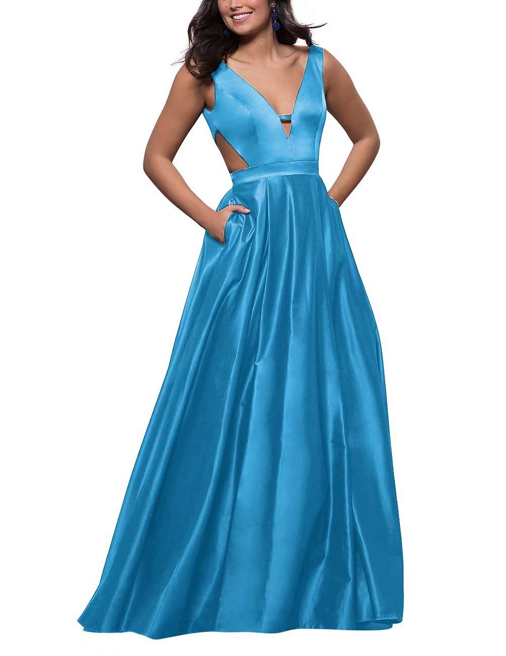JASY Women's Navy Blue Satin Long Prom Dress with V-Neck & Pockets - Formal Evening Gown for Homecoming, Ball, Wedding Guest & Special Occasions