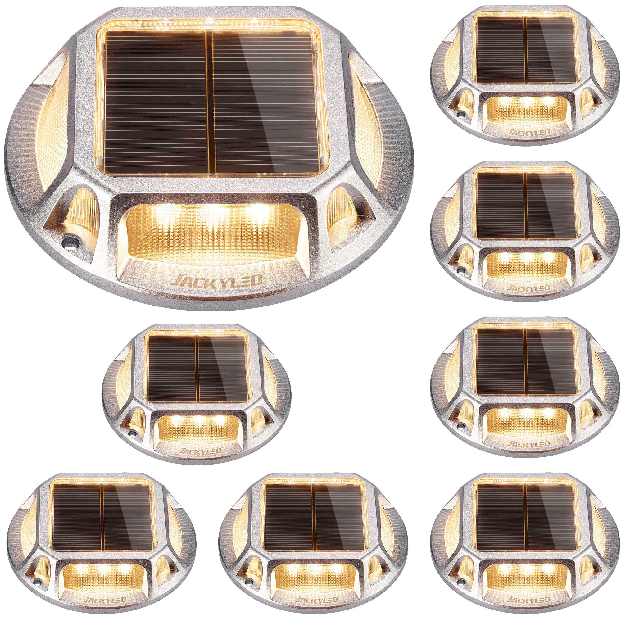 JACKYLED 8-Pack Solar Deck Lights Outdoor Waterproof - 12 LED Marine Grade Solar Pathway Lights with Dusk to Dawn Sensor - Warm White Solar Powered Garden Lights for Backyard, Sidewalk, Patio, Dock & Walkway Lighting