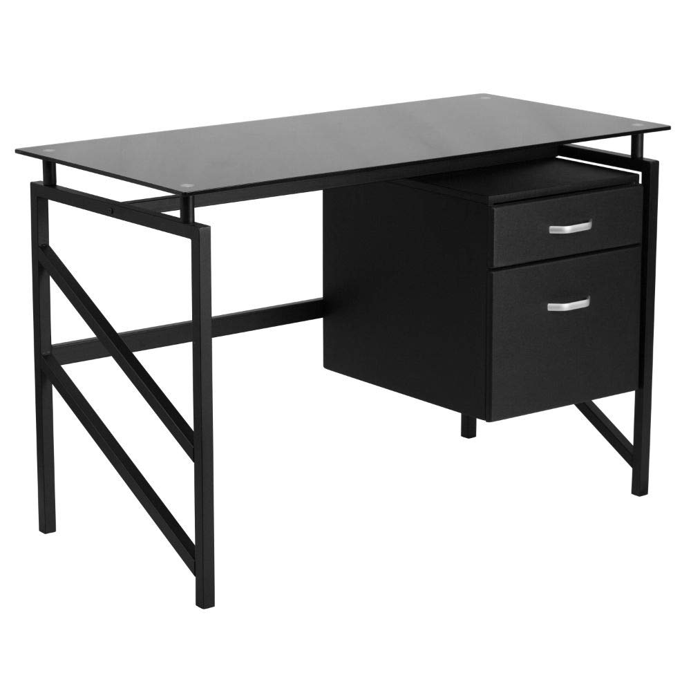 Flash Furniture Singleton Glass Desk with Two Drawer Pedestal - Black Modern Office Desk for Home & Office Workspace - Perfect for Small Spaces & Contemporary Decor