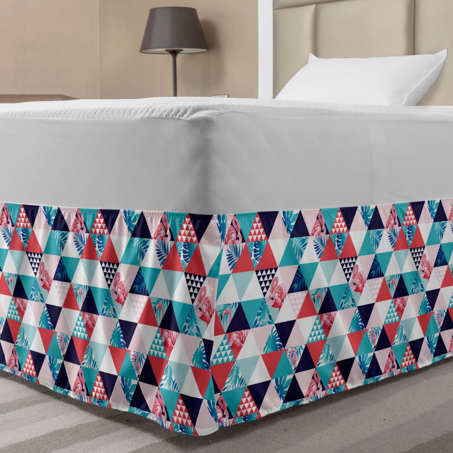 Ambesonne Flamingo Bed Skirt - Geometric Triangle Beach Design with Elastic Wrap Around, Full Size Multicolor Bedroom Decor for Coastal & Tropical Themed Rooms