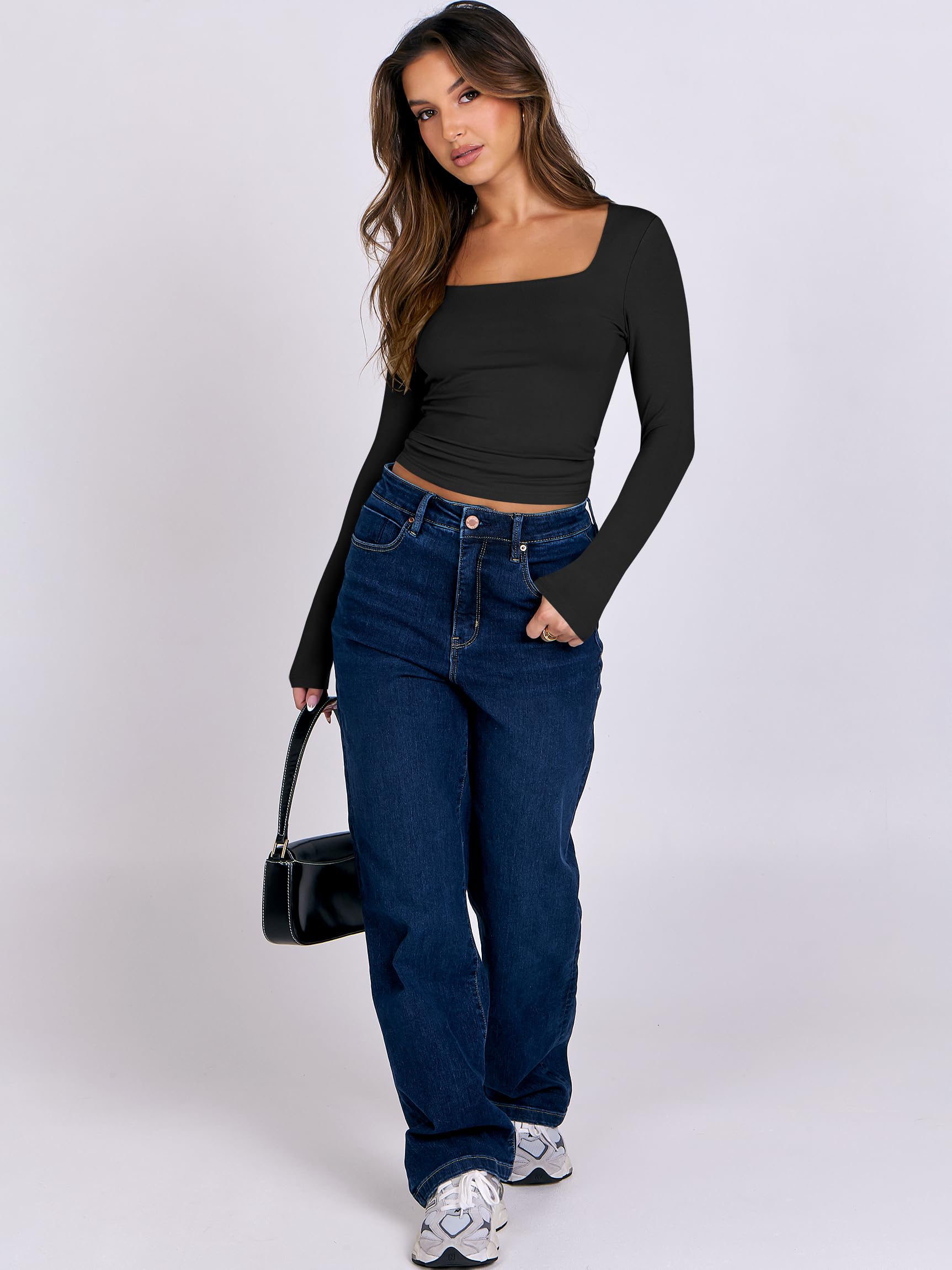 ANRABESS Women's Double Lined Long Sleeve Crop Top - Square Neck Fitted Basic Tee Shirt for Going Out & Casual Wear | 2025 Fashion Trendy Outfits for Party, Date Night & Everyday Style