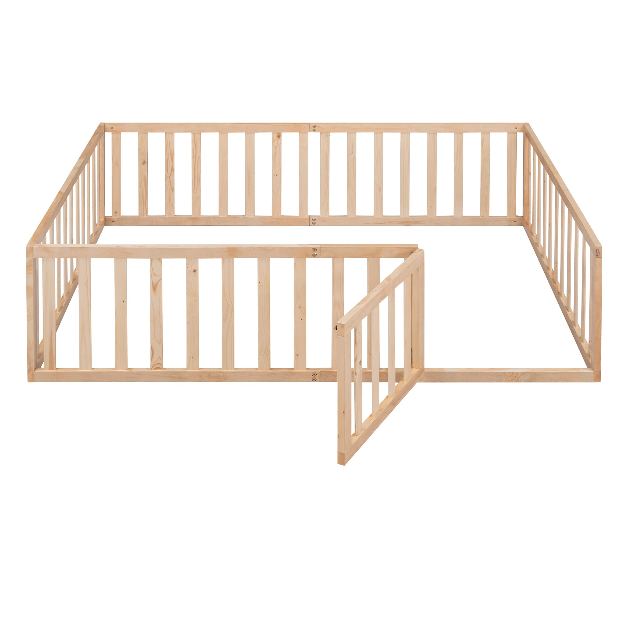 MERITLINE Full Size Wooden Bed Frame with Safety Fence for Kids Over 6 Years | Montessori Floor Bed with Door | Easy Assembly, No Box Spring Needed (Natural) - Perfect for Kids' Bedrooms, Playrooms & Montessori Learning Spaces