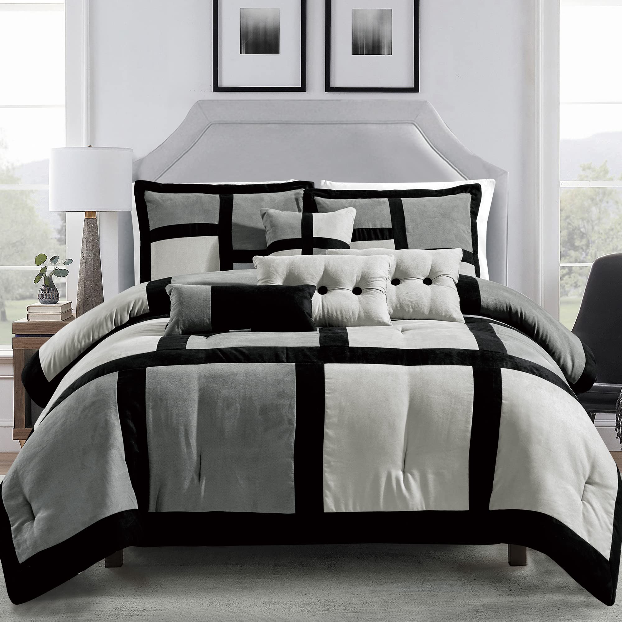 Luxury 7-Piece King/Cal-King Micro Suede Comforter Set with Shams & Decorative Pillows - Modern Geometric Square Design, Pinched Pleat Accents, Gray Button-Tucked Pillows - Bed in a Bag Set for Master Bedroom & Guest Room Decor (AJA, K/CK, Gray)