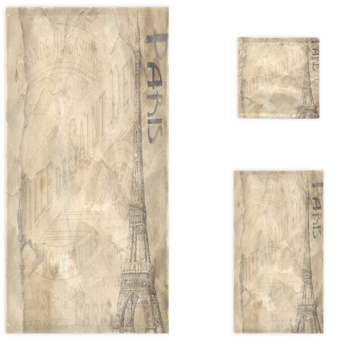 Vintage French Paris Eiffel Tower Scenery Postage Stamp Luxury Towel Set - 3 Piece Bath, Hand & Washcloth Set | Soft Absorbent Towels for Bathroom, Hotel, Gym, Spa, Beach & Pool Use