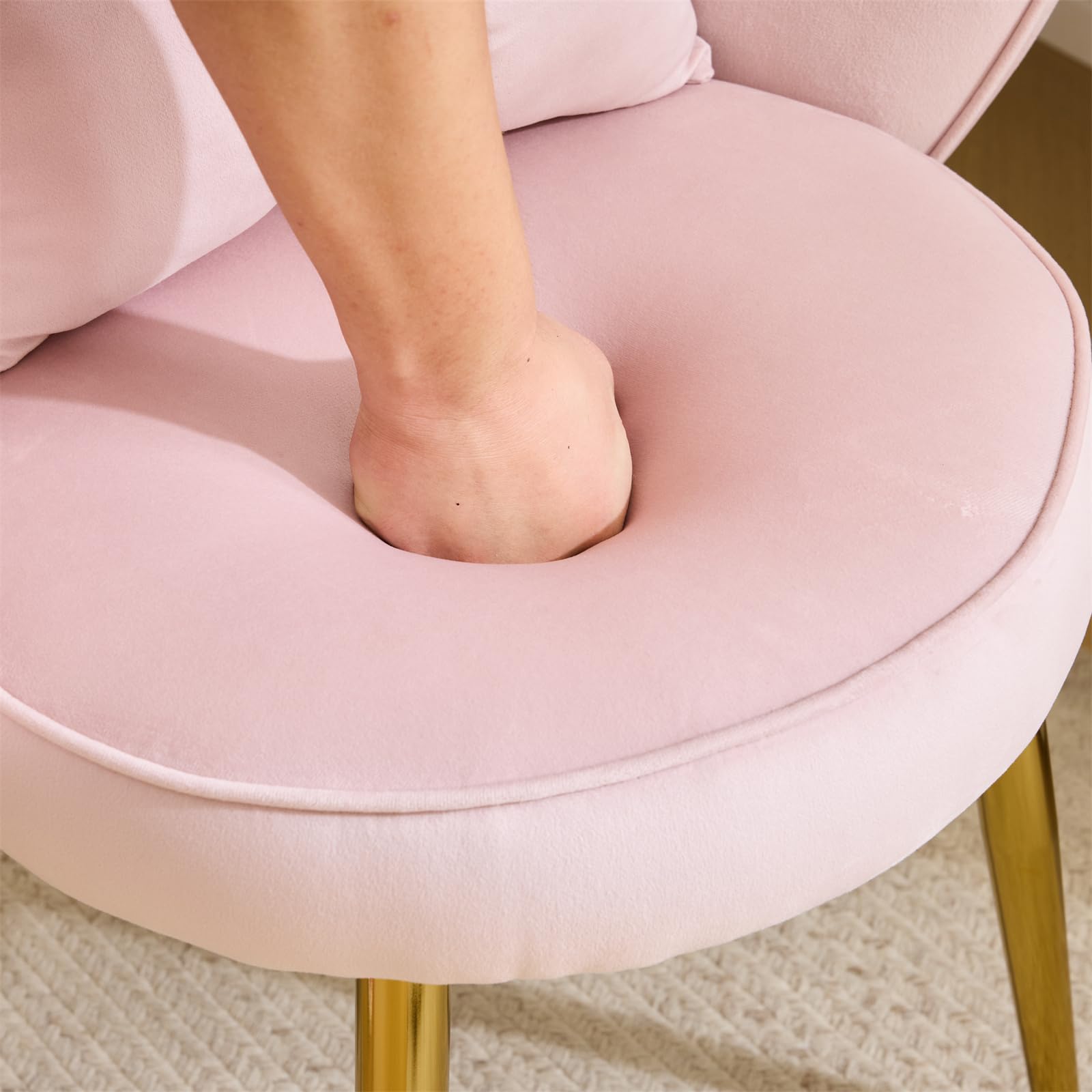 VINGLI Pink Velvet Petal Makeup Vanity Chair with Back - Cute Flower Design, No Wheels, Adjustable Gold Legs & Bow Pillow - Modern Accent Chair for Girls Bedroom, Home Office, Dressing Room & Dining Area