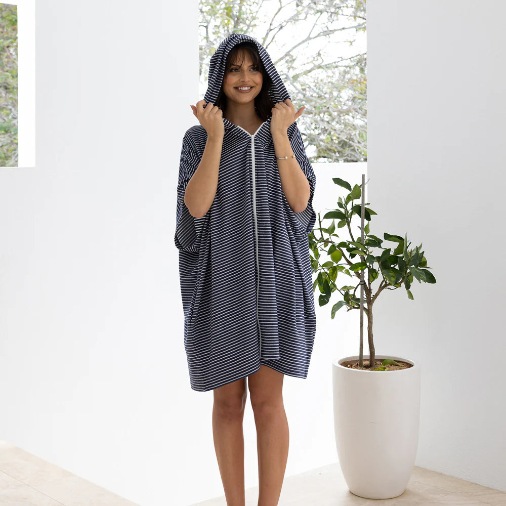 Bambury Women's Zip Front Poncho - Navy Blue Cozy Wearable Blanket for Outdoor Camping, Travel & Lounge Wear