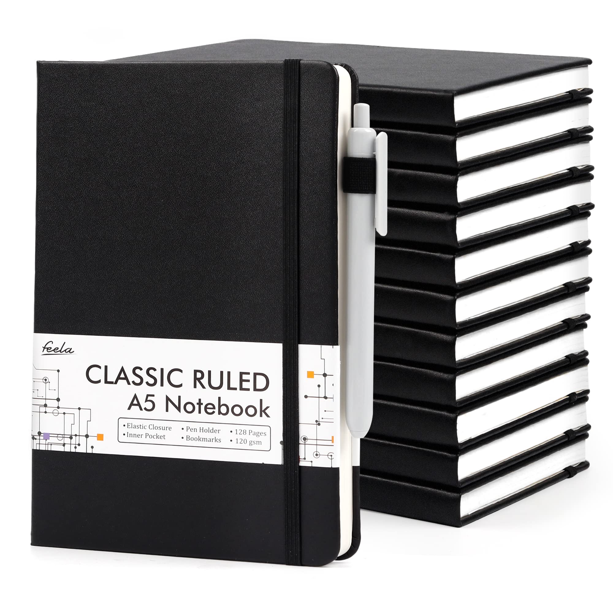 12-Pack A5 Hardcover Notebook Journals with 12 Black Pens - 120 GSM Ruled Writing Notebook Set for School, Office, Travel & Business | 5.1