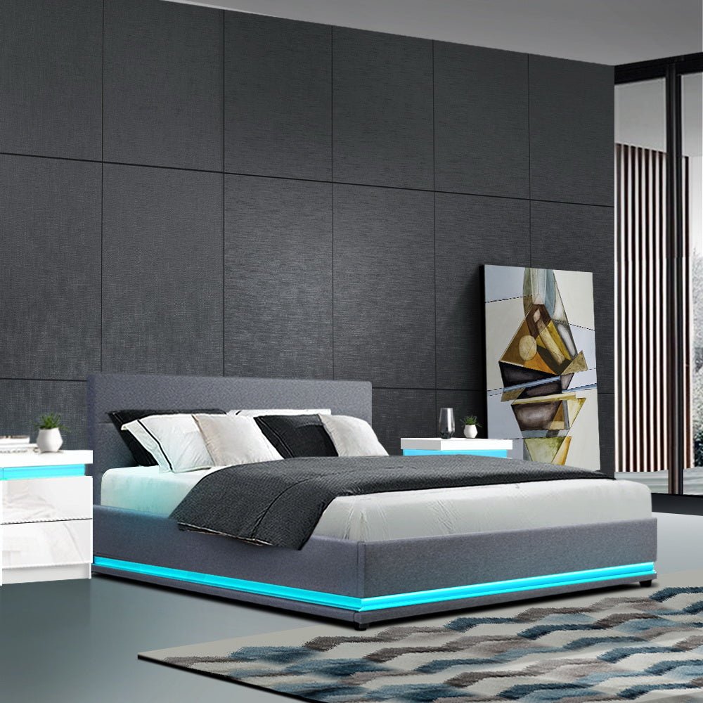 Henley Queen Size Gas Lift Storage Bed Frame with LED Lights - Grey Upholstered Platform Bed for Modern Bedroom, Guest Room, or Small Space