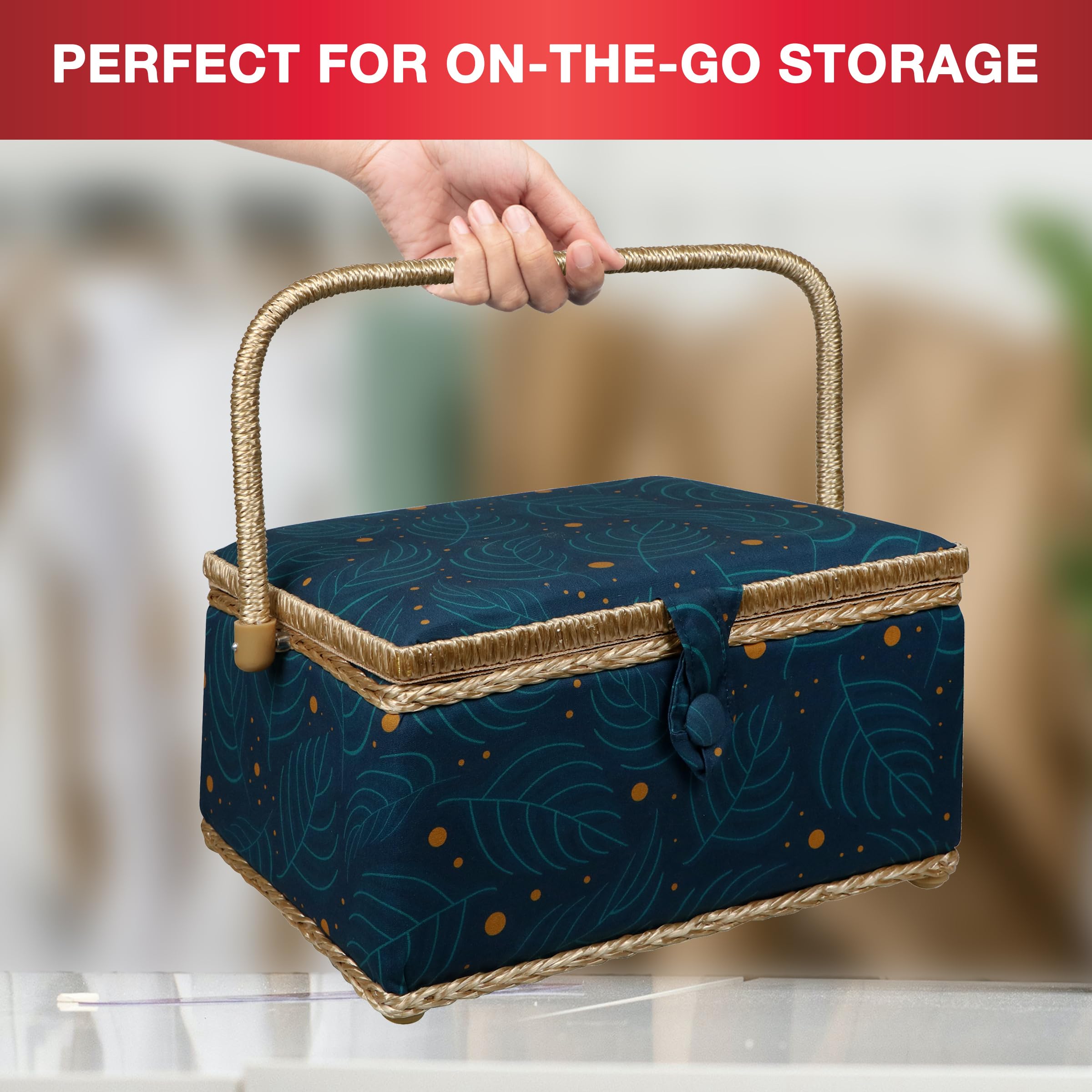 SINGER Large Floral Sewing Basket with Matching Zipper Pouch - Portable Sewing Organizer for Needles, Thread & Supplies - Perfect for Travel, Crafting & Home Organization (Leaf Print Design)