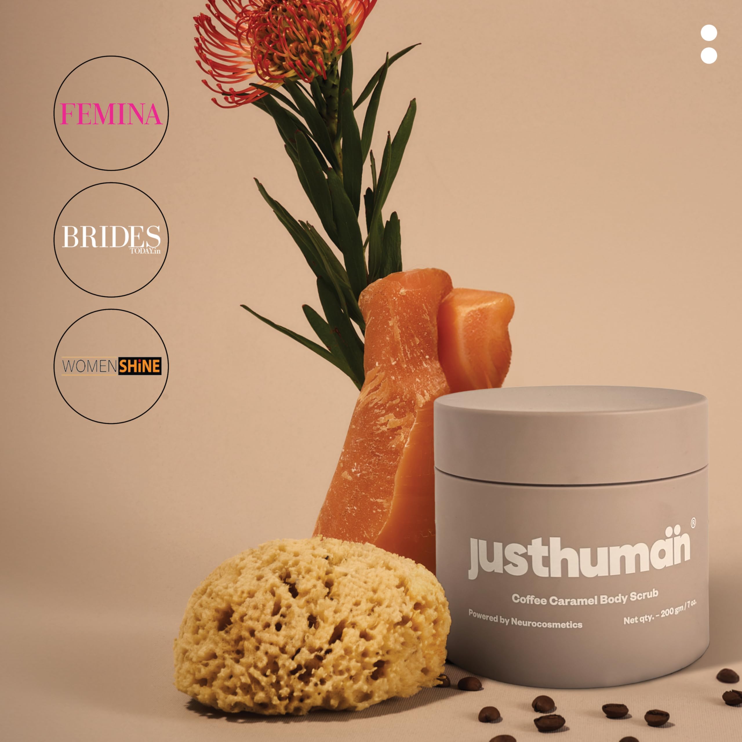 Justhuman Coffee Caramel Body Scrub - Natural Exfoliator with Coffee Extracts & Olive Oil for Cellulite Reduction, Deep Cleansing & Skin Hydration (200g) - Perfect for Spa Day, Self-Care Routine & Gift Giving