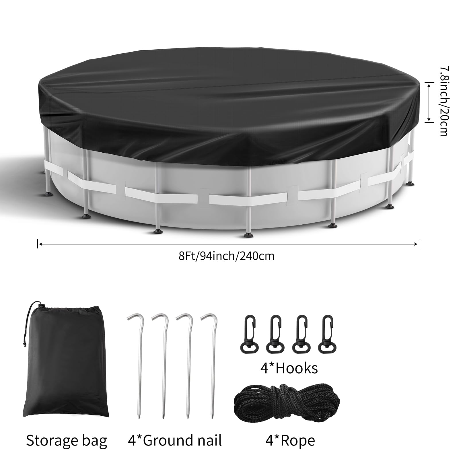 8 Ft Round Solar Pool Cover for Above Ground Pools - Heavy Duty Waterproof & Dustproof Swimming Pool Cover with Accessories (Black) | Extend Swimming Season & Protect Pool from Debris