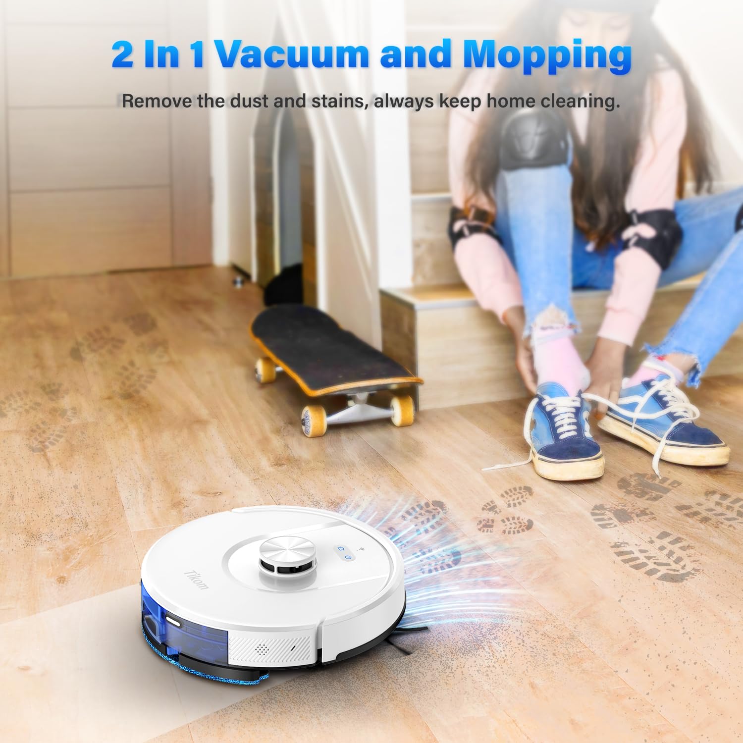 Tikom L8000 Robot Vacuum and Mop with Laser LiDAR Navigation - 150Mins Runtime, Ultra-Quiet 45dB, 14 No-Go Zones & 20 Virtual Walls - Self-Charging for Pet Hair, Carpets & Hard Floors (White) - Perfect for Large Homes with Pets & Multi-Surface Cleaning