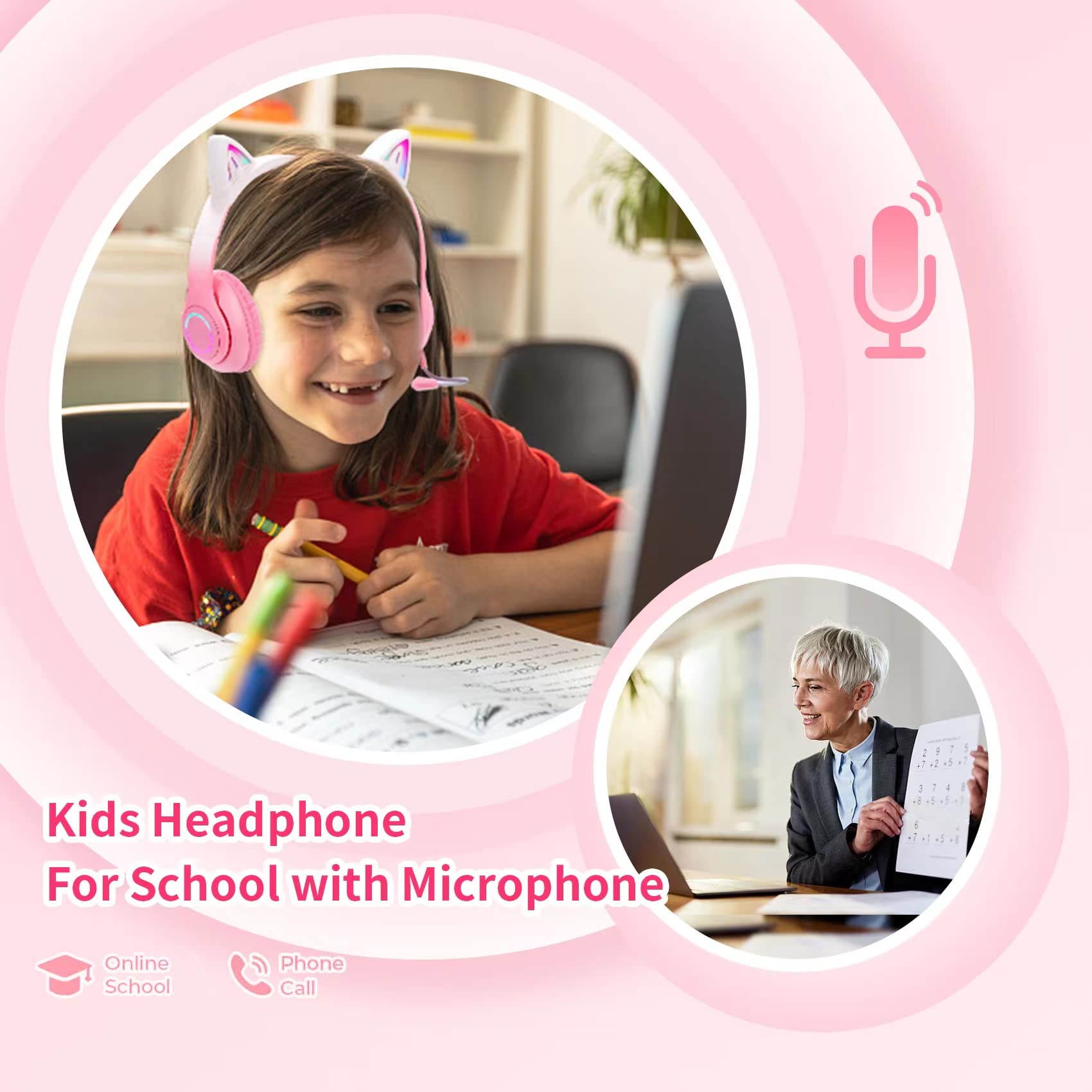 Tokani Kids Bluetooth Headphones with Microphone - Cat Ear Wireless Over-Ear Headset, Foldable Adjustable Comfortable for Girls Teens Adults (Pink) - Perfect for Gaming, Music, School & Travel