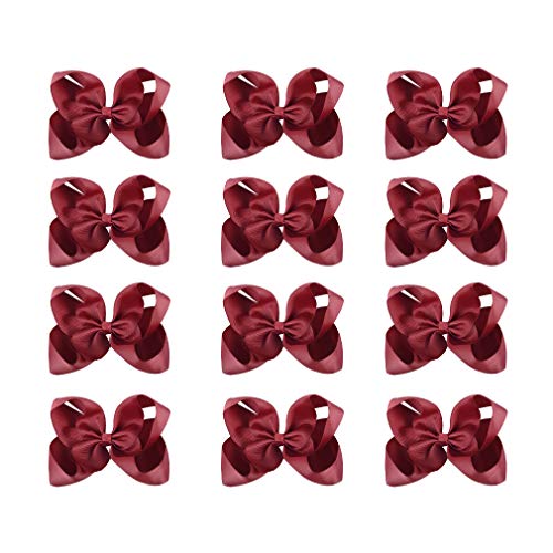 12-Pack 6-Inch Handmade Grosgrain Ribbon Hair Bows with Alligator Clips for Girls - Wine Red | Hair Accessories for Toddlers, Teens & Little Girls | Perfect for Parties, School & Special Occasions