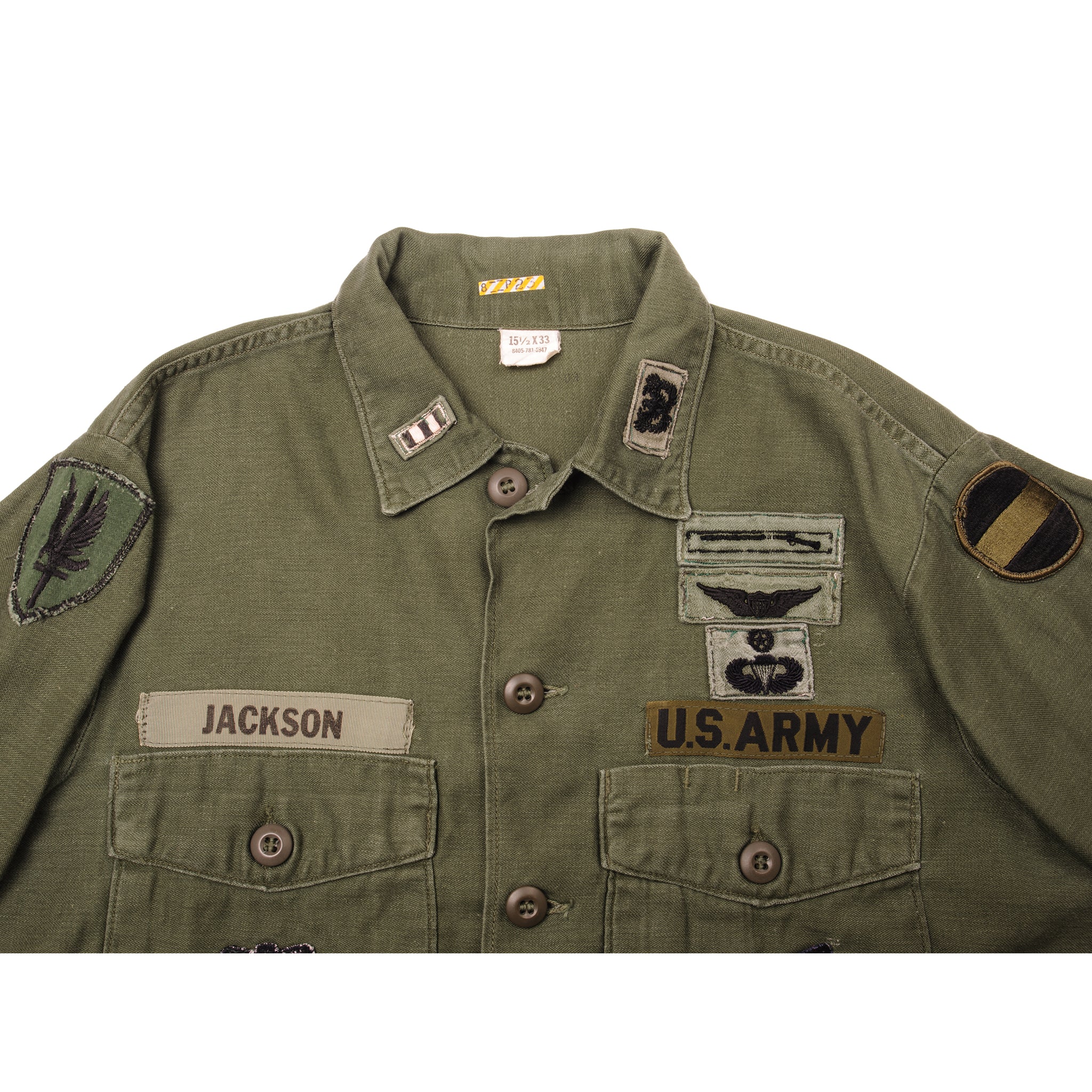 Vintage US Army Sateen Utility Shirt P64 Vietnam War Era - Size 15.5 x 33 with Original Patches | Military Collectible, Reenactment & Vintage Fashion