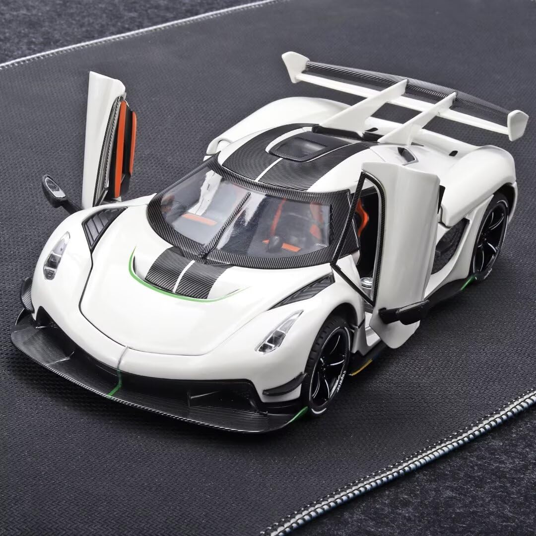 1/24 Scale Koenigsegg Jesko Metal Die Cast Toy Car - Pull Back Action with Light & Sound - Collectible Model Car for Boys Age 3+ (White) - Perfect Birthday Gift & Race Track Play for Kids