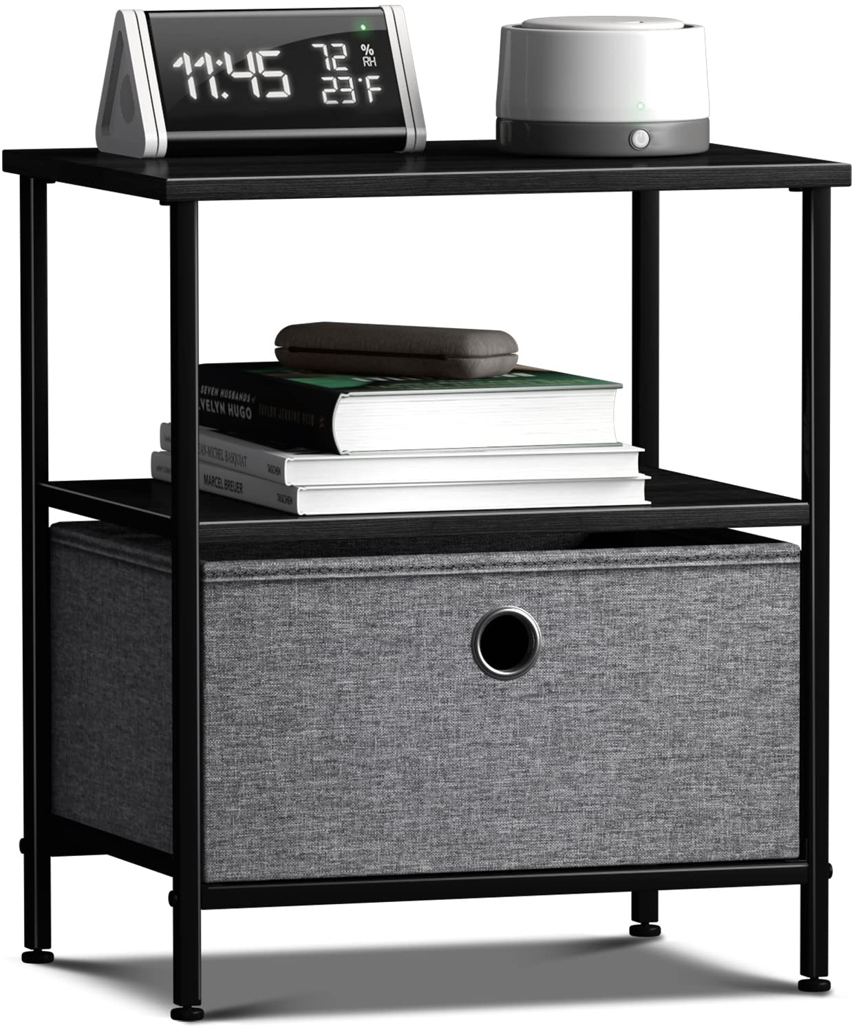 Sorbus 1-Drawer Nightstand with Shelf Storage - Steel Frame Bedside Table, Wood Top & Fabric Bins for Bedroom, Office, Dorm | Compact End Table for Small Spaces & Apartment Living