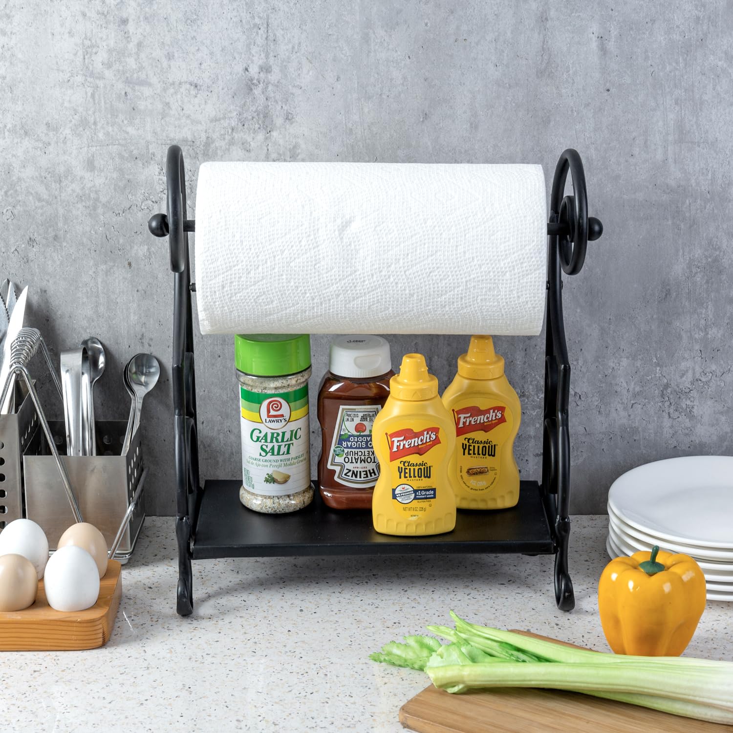 MyGift Black Metal Paper Towel Holder Stand with Decorative Scrollwork - Kitchen Countertop Organizer for Paper Towels & Condiments - Perfect for Home, Office, or Restaurant Use